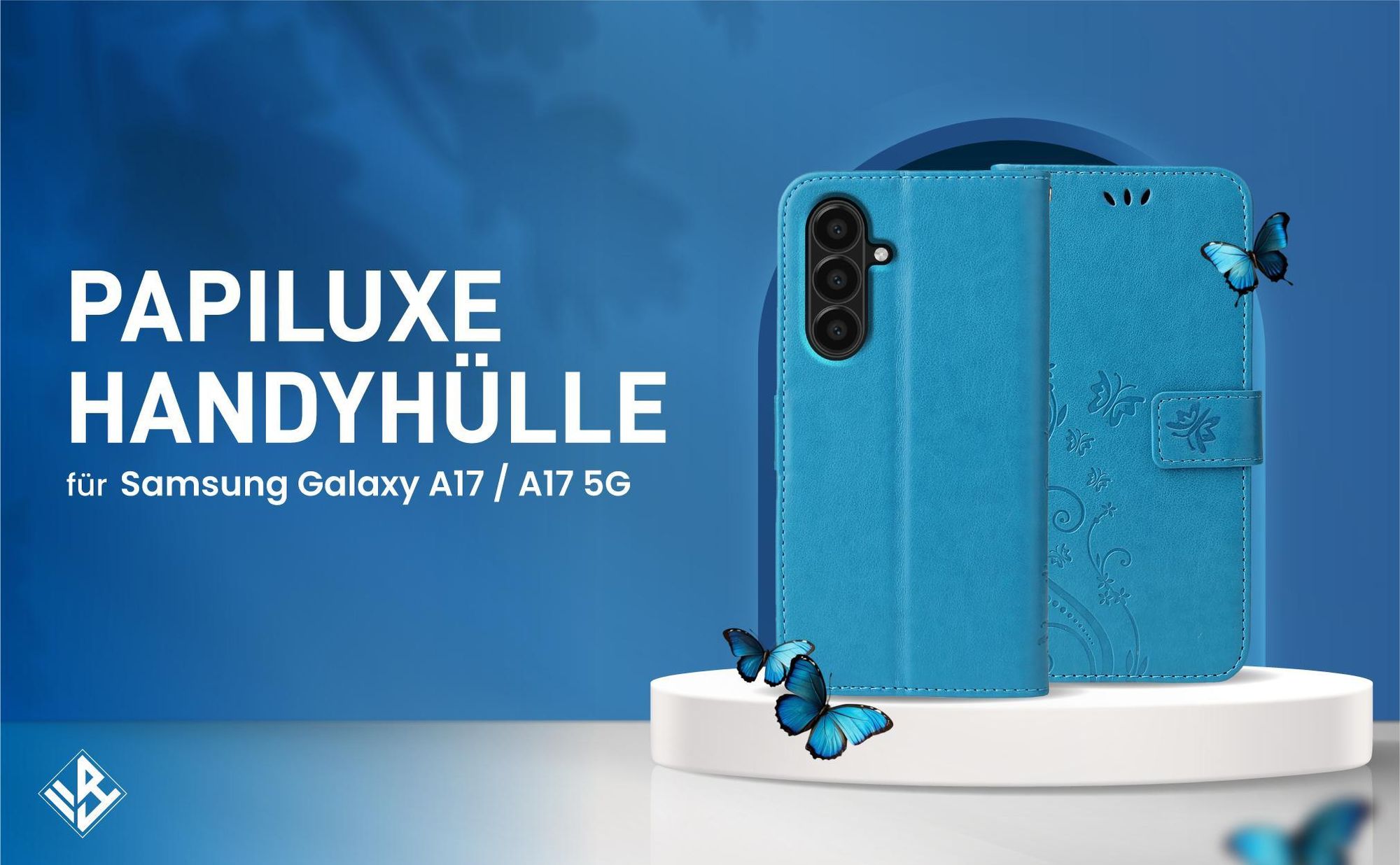 Blaue Klapphülle im Schmetterling Design für Samsung Galaxy A17 mit Wallet-Funktion