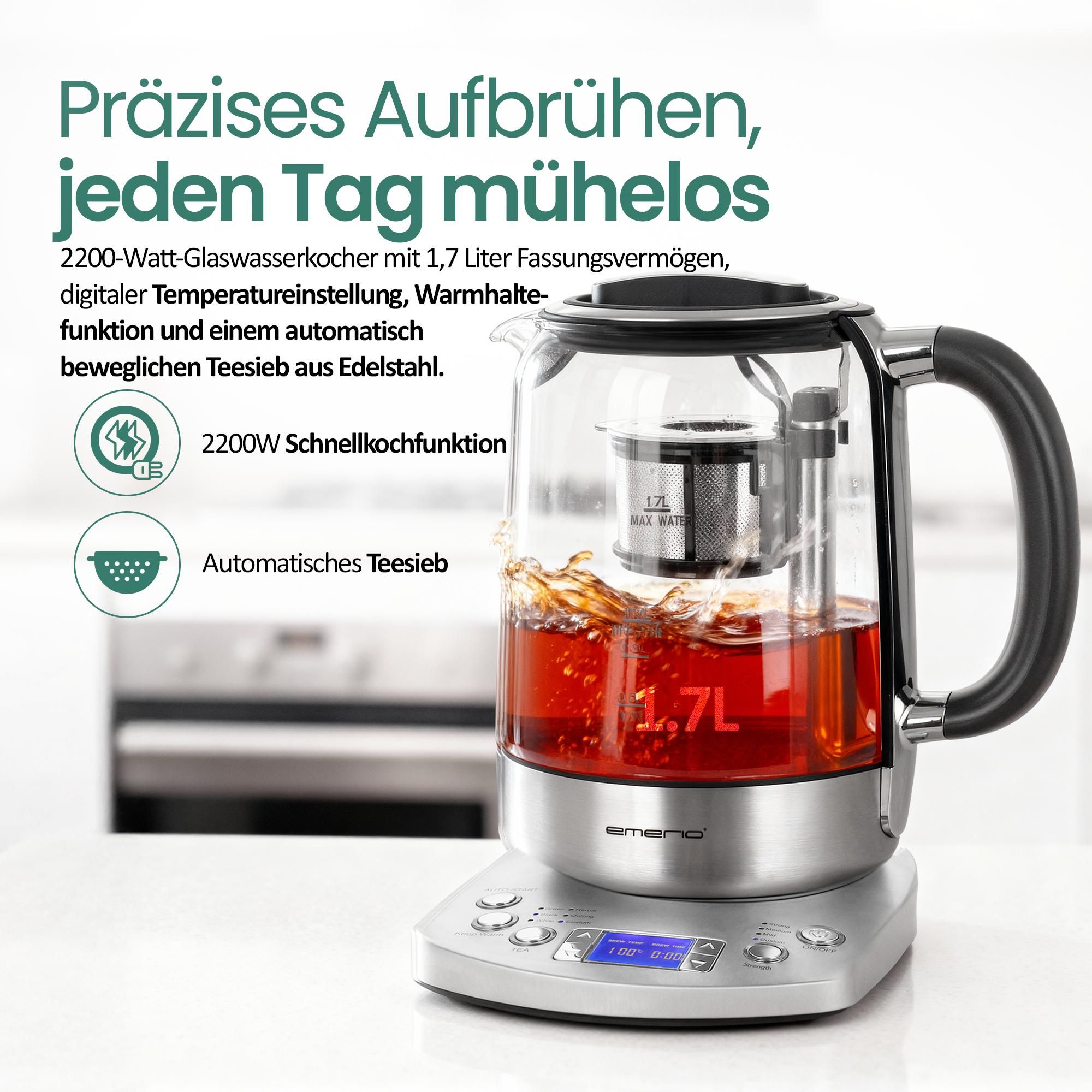 Emerio Glas-Wasserkocher 1,7 L – 2200 W – Digital – 5 Temperaturen – Warmhaltefunktion – Automatisches Teesieb – Edelstahl/Glas – WK-122248