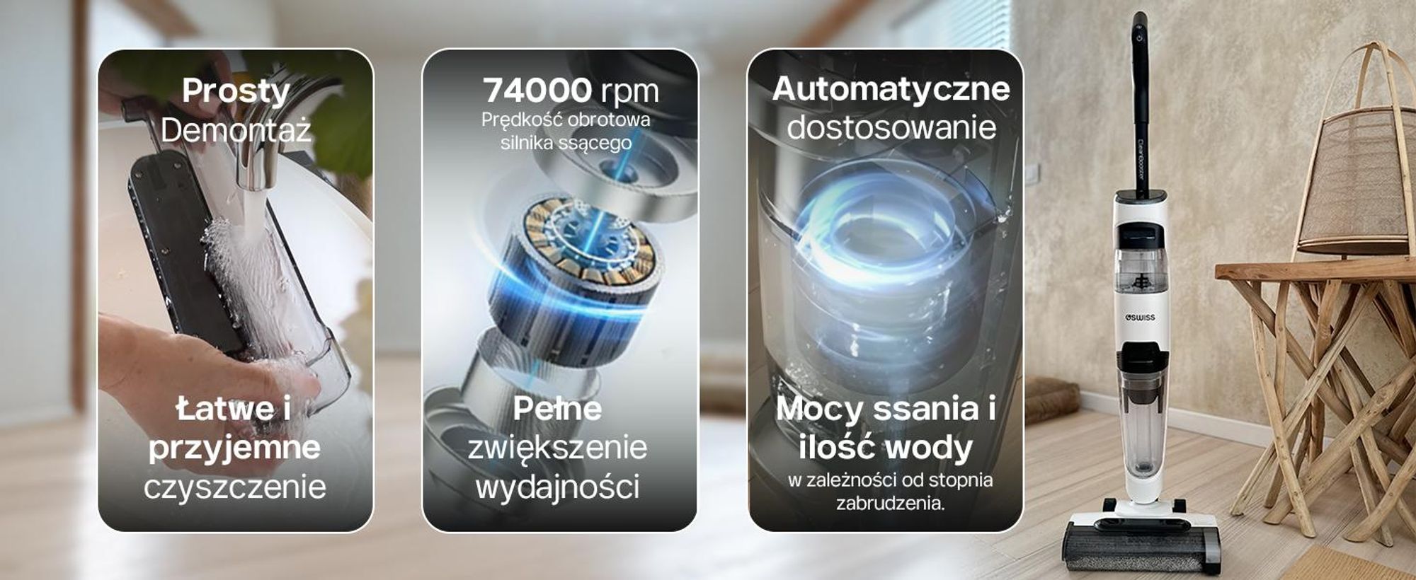 4Swiss VC024 Clean Booster – bezprzewodowy odkurzacz do czyszczenia na mokro i na sucho o mocy ssania 15 000 Pa – odkurzacz akumulatorowy z funkcją mycia podłóg, samoczyszczący, inteligentny odkurzacz z funkcją mycia