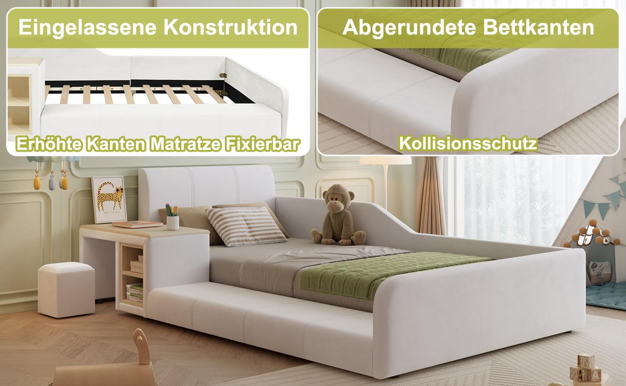 MODFU Kinder-Polsterbett 90x200 Einzelbett mit Lernschreibtisch,Jugendbett mit Hocker und Ablageboden,Kinderbett Bettgestell mit Holzlattenrost und weichem Kopfteil,ohne Matratze,Weiß