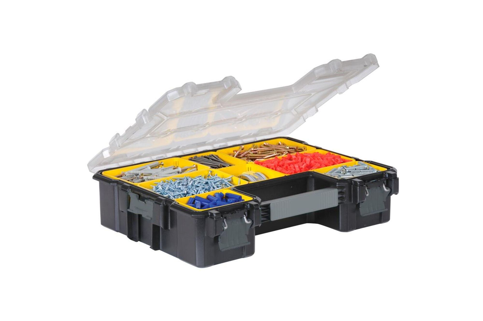 Stanley Profi-Organizer FatMax tiefe Fächer Metallschließen wasserdicht, Kasten für Kleinteile, Kunststoff, Schwarz, Transparent, Gelb, Scharnier, 446 mm, 357 mm