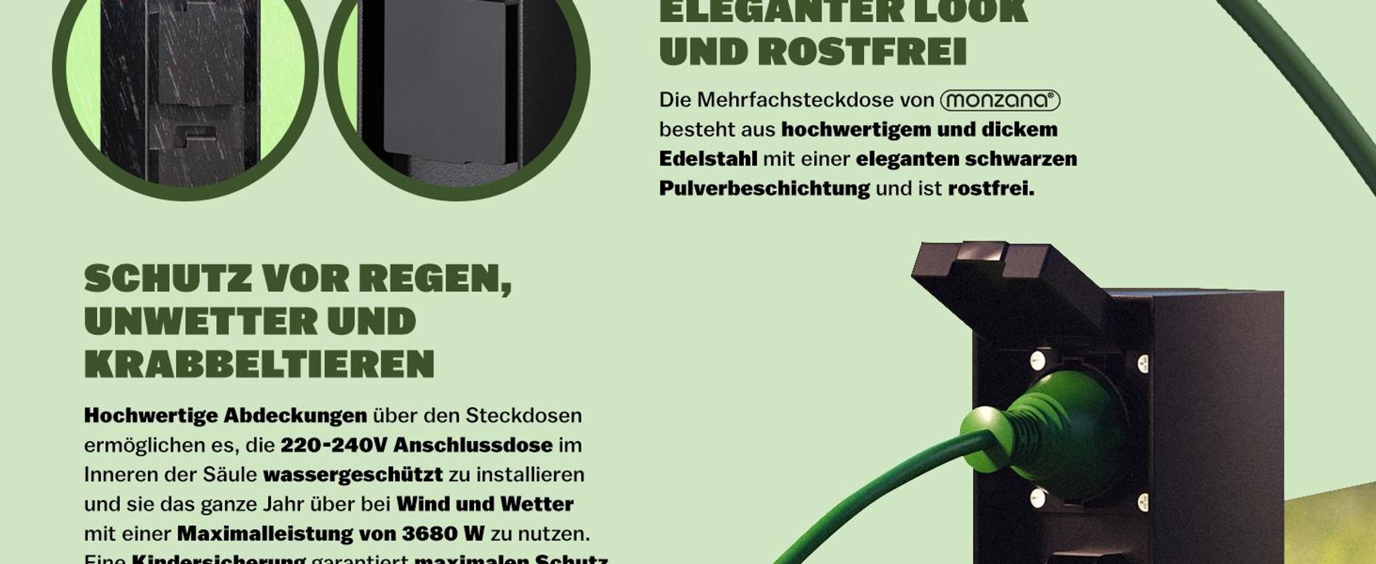 MONZANA® Gartensteckdose 2fach IP44 Metallspieß Garten Außensteckdose Steckdosensäule Mehrfachsteckdose Steckdosenverteiler outdoor Edelstahl Schwarz
