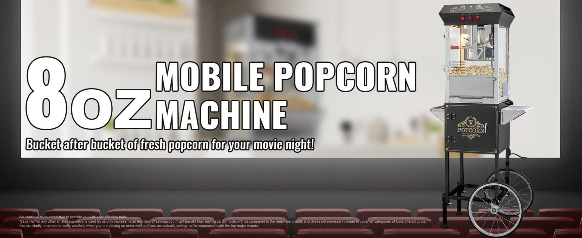VEVOR Popcornmaschine Popcornautomat mit Wagen 850 W Popcorngerät, 8 oz Kessel für 48 Tassen pro Ladung, Popcornmaschine mit gehärtetem Glas inkl. 4 Schaufeln Kino-Stil Restaurant Schwarz