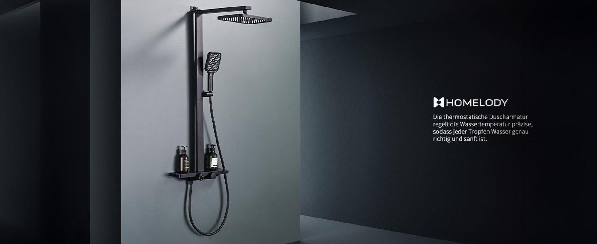 Homelody Duschsystem mit Thermostat und Glasablage in Schwarz Matt,Brausegarnitur 3 Strahlart(en), 12 Zoll Regendusche, 3-Funktions-Handbrause