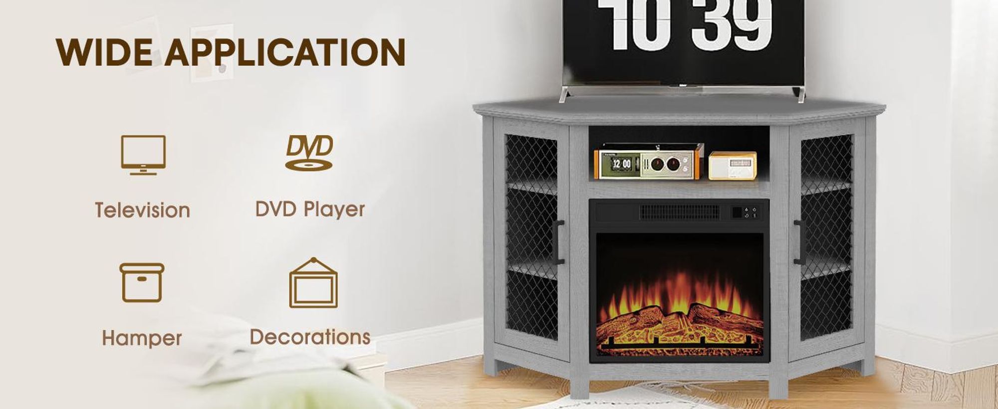 Parrot Uncle TV-Schrank für Fernseher bis 55 Zoll, MDF, Grau , mit 18" Elektrokamin, eignet sich für Eckaufstellung, 114x 56x 76 cm, 45 kg Tragkraft