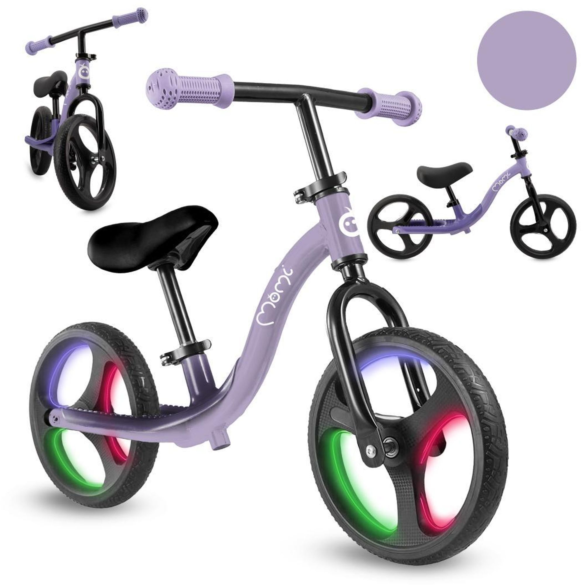 MoMi ISOKA Laufrad Kinder Fahrrad – Balance Bike - TPR-Räder mit LED, ab 2 Jahren bis 35 kg - Violett
