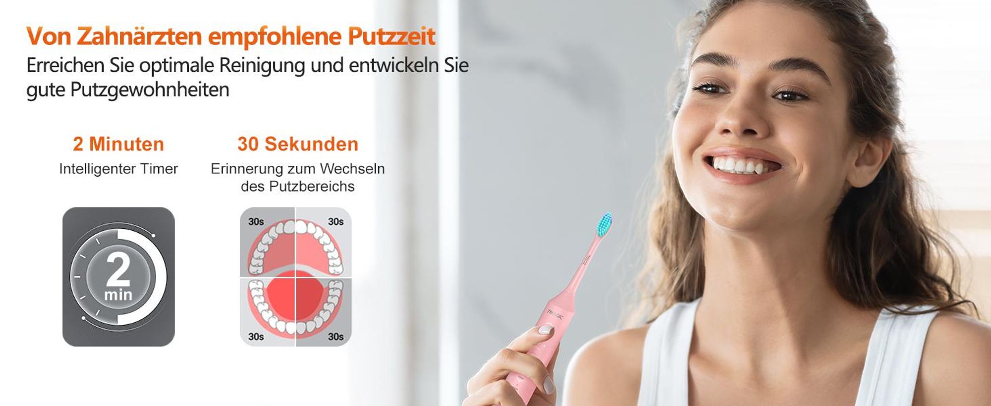 7Magic Elektrische Schallzahnbürste, Deep Clean Modi, 6 Bürstenköpfe, schnelle Aufladung für 60 Tage&40000 VPM, 5 Modi, Erwachsene und Kinder, Rosa