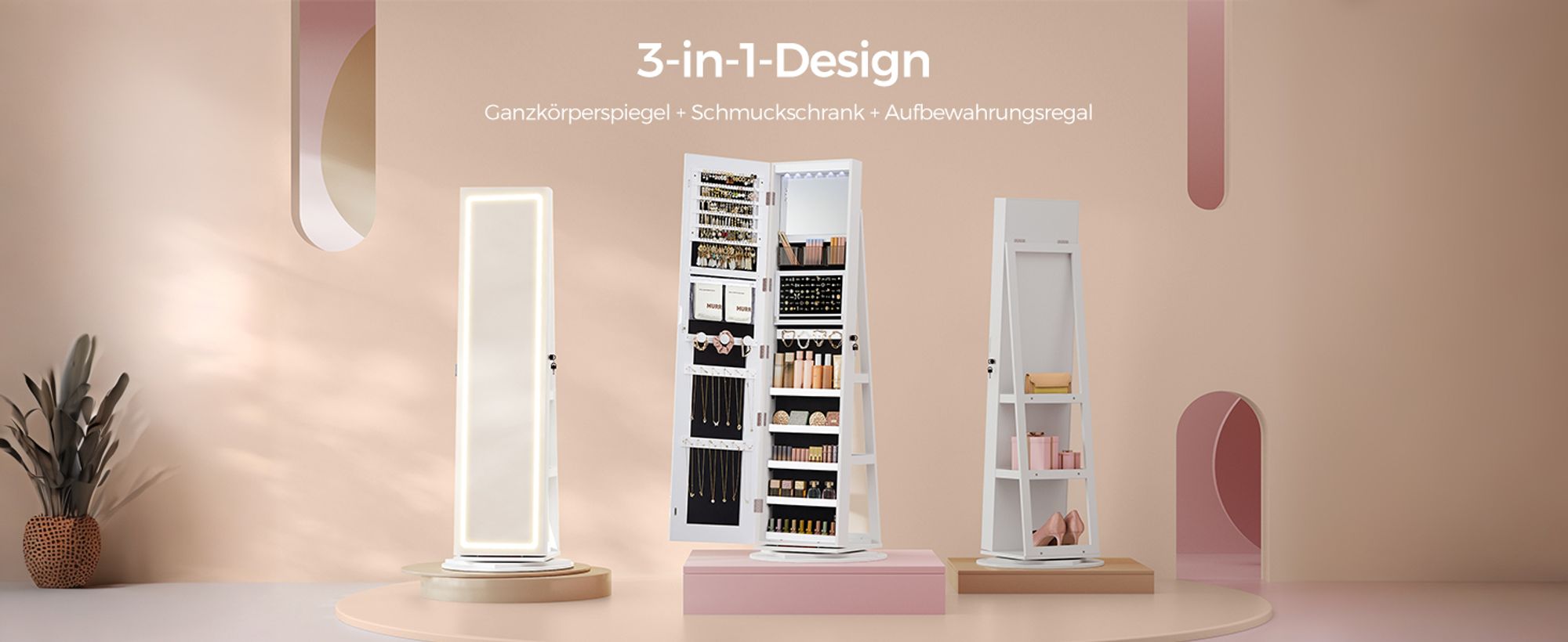 SONGMICS Schmuckschrank mit LED-Beleuchtung und Spiegel, Spiegelschrank, abschließbar, Spiegel mit Rahmen, einstellbare Helligkeit, platzsparend