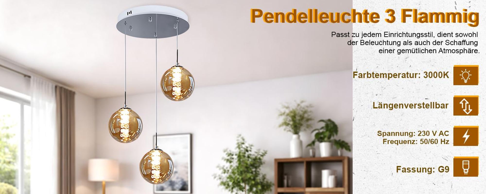 ZMH Wisiorek 3 Flame Amber Pendant z regulacją wysokości do salonu, sypialni, kuchni i przedpokoju