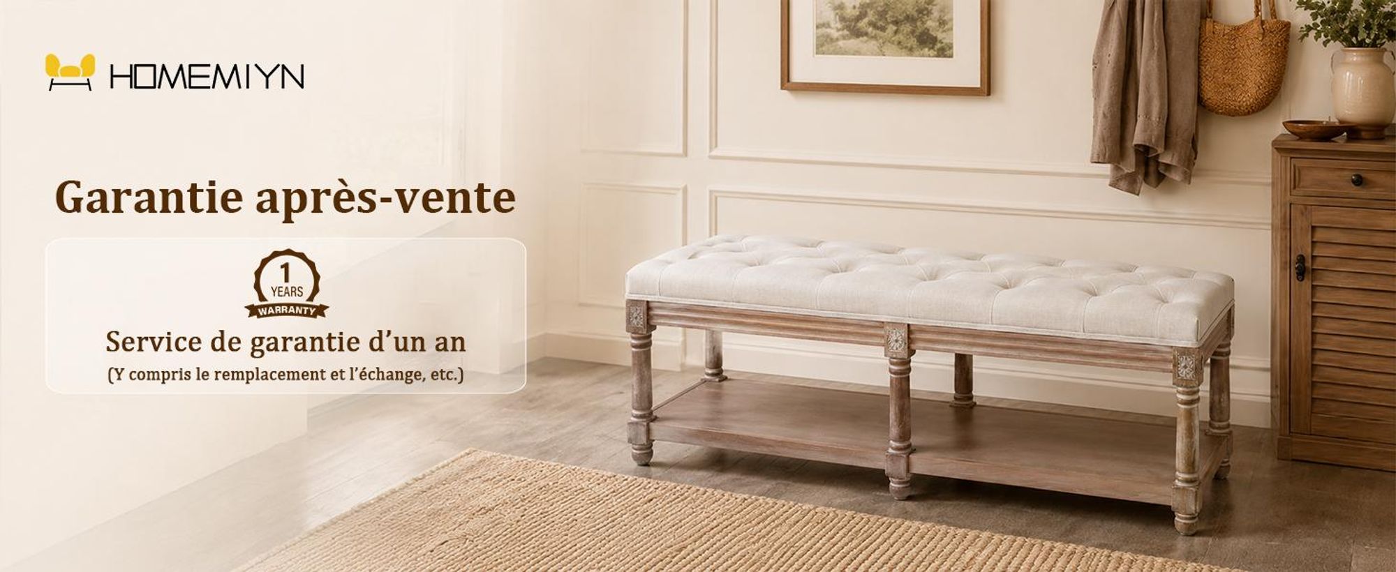 Banquette Coffre avec Rangement, Banc Bout de Lit, Beige 2 Places Rétro Banc Chaussures en Bois,Pour entrée et chambre, banc de vestiaire, 114×40×49cm
