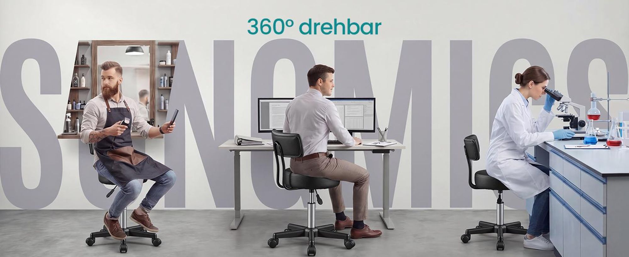 SONGMICS Rollhocker, höhenverstellbar, Hocker mit Rückenlehne, Labor, belastbar bis 150 kg, PolyurethanBezug, schwarz