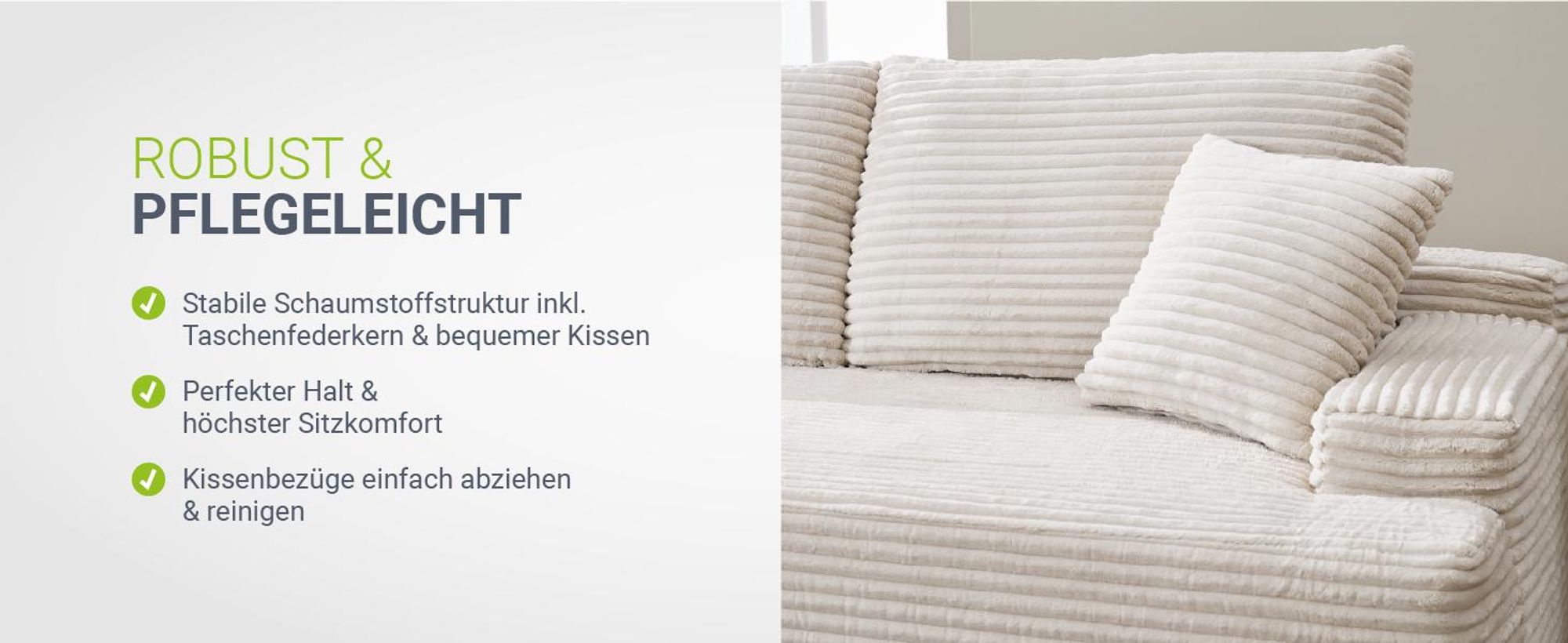 Juskys Sofa Coredo - Beige, moderne Couch aus Cord mit Kissen, Ottomane links