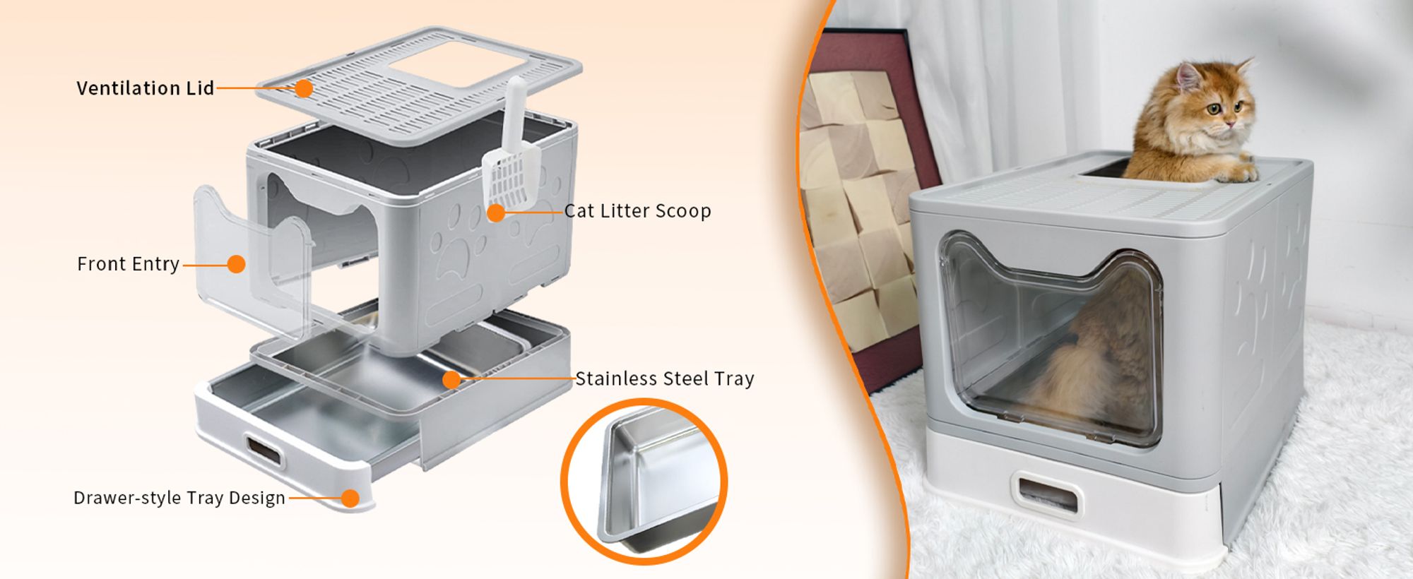 WISFOR Edelstahl Katzentoilette Katzenklo mit Deckel Schaufel, Faltbar Haubentoilette, 38,3 x 48,5 x 38,5 cm