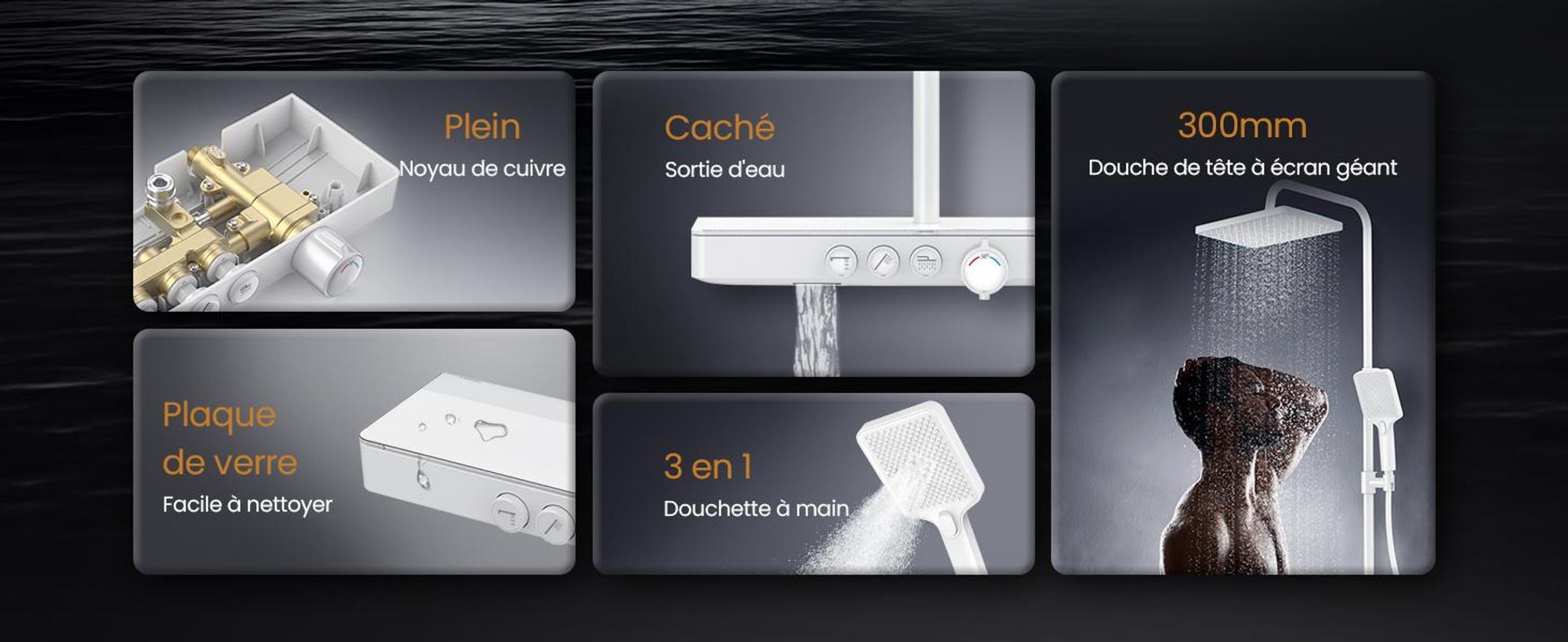 EMKE Système de douche avec thermostat tablette en verre douchette 3 jets douche à effet pluie, robinetterie de salle de bains & douche, douche à effet pluie, KTW, blanc - F09