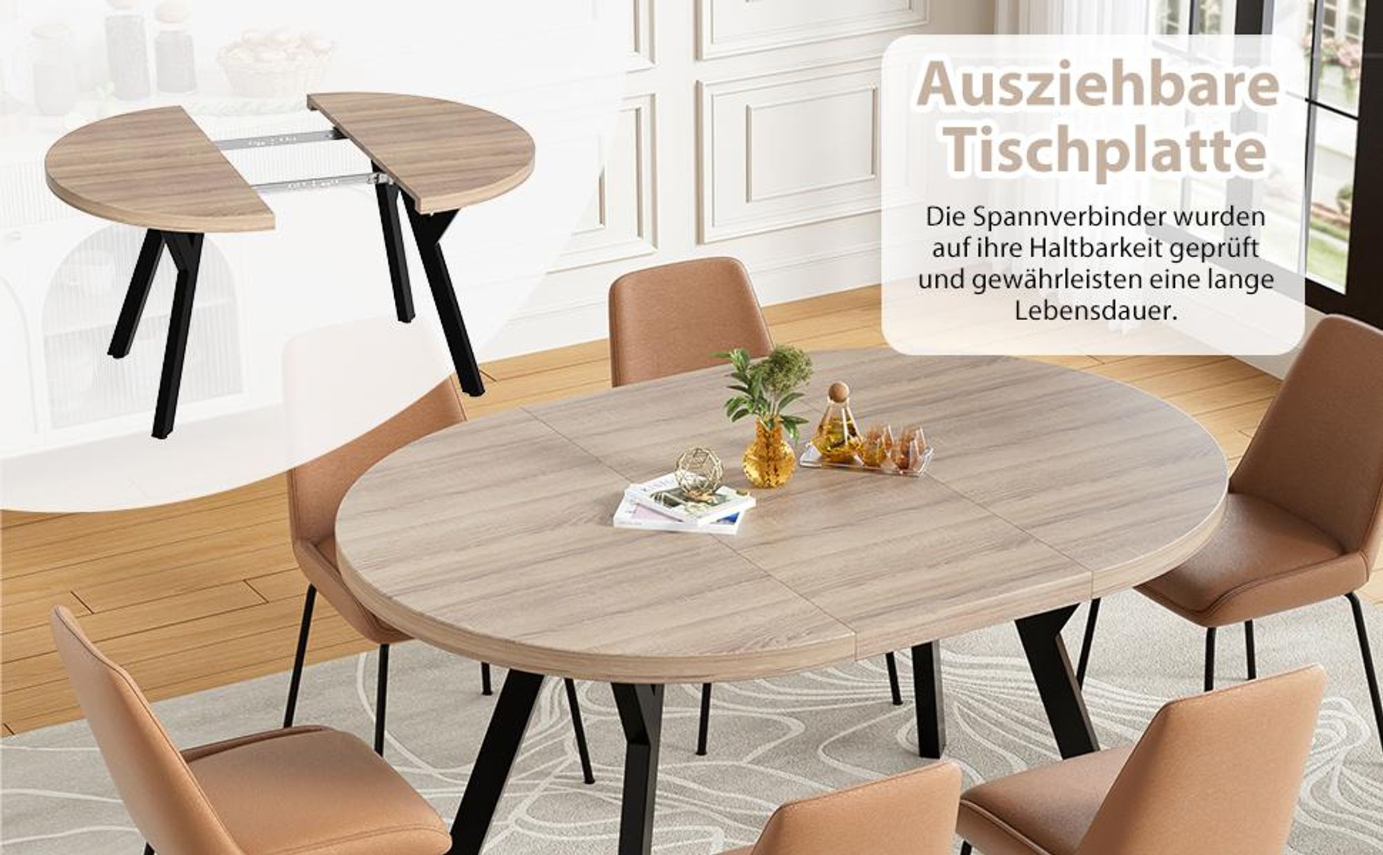 Ausziehbarer Esstisch rund zu oval, 3,5 cm dicke Tischplatte (1 Tisch), Metallgestell, modern & pflegeleicht, für Esszimmer & Küche