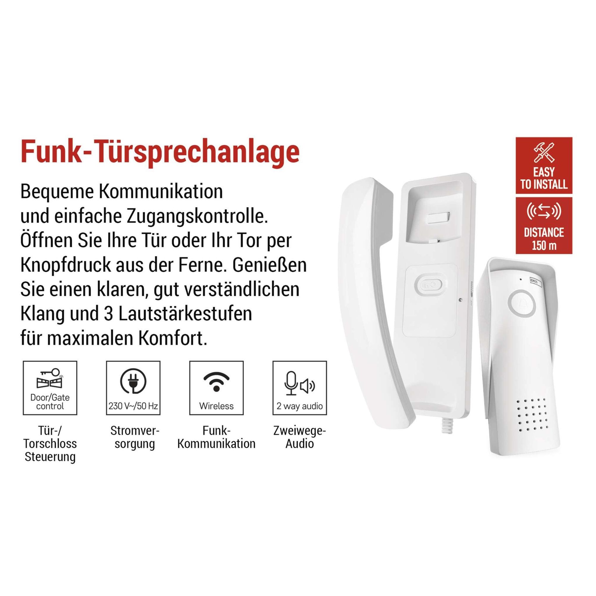 EMOS Audio-Türsprechanlage Set, Wireless, Audio-Gegensprechanlage mit Türöffner-Möglichkeit, Stromanschluss (230V/12V), weiß, H1088