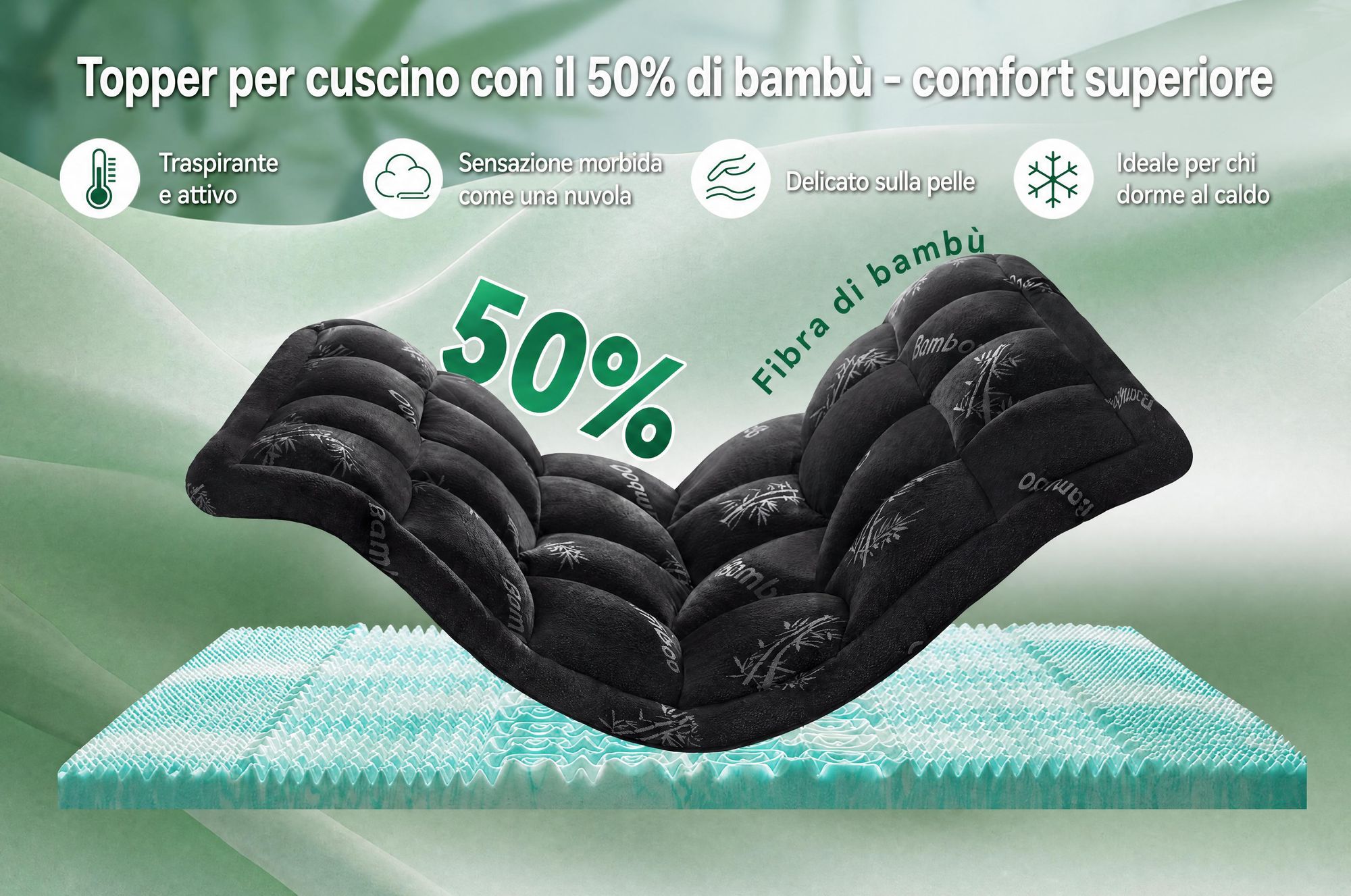 NicePlus, materasso topper 2-in-1, 140x200x7 cm, con imbottitura in memory foam a 5 zone e strato superiore in bambù, dotato di angoli elasticizzati per adattarsi a tutti i tipi di materasso, livello di comfort H2/H3, colore nero