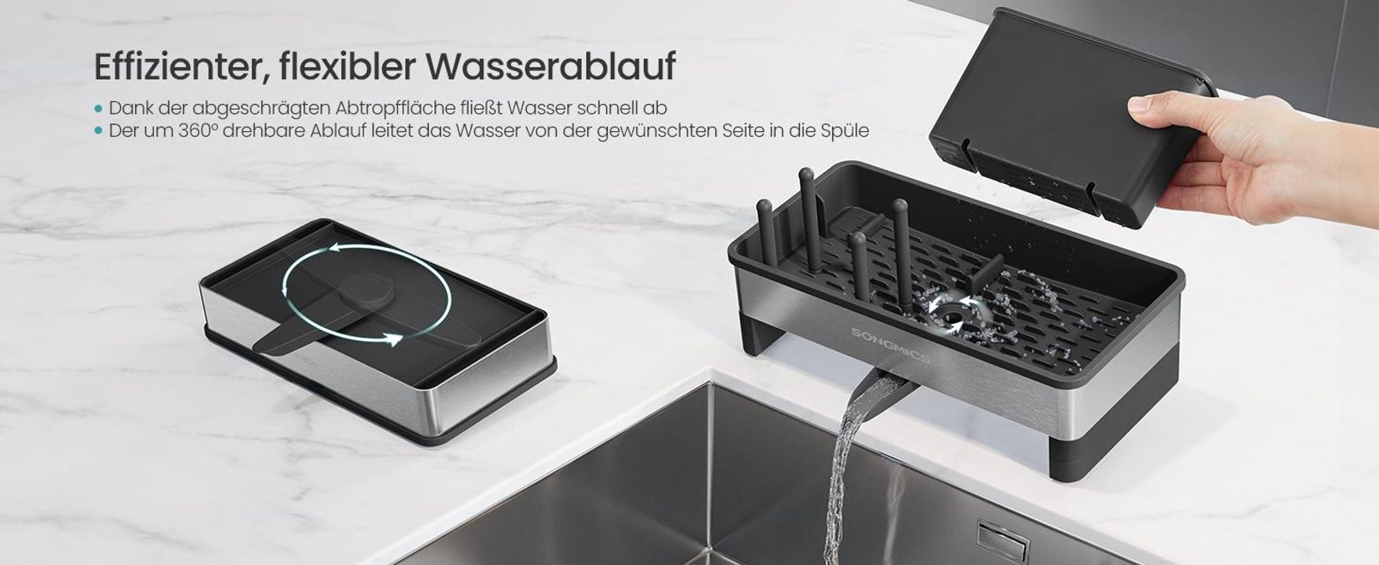 SONGMICS Spülbecken-Organizer mit Schwammhalter, Küchen-Organizer aus Edelstahl, für Spülmittel, Bürsten, schwarz-silbern