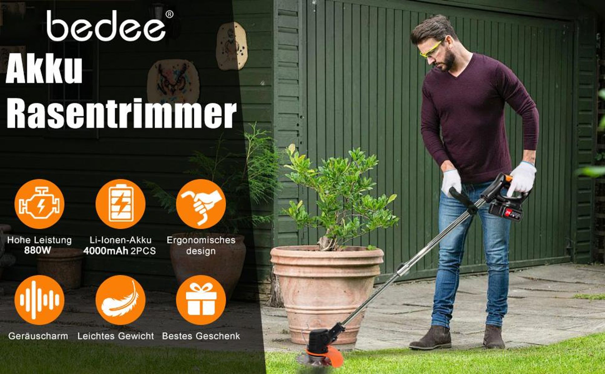 Akku Rasentrimmer, Freischneider, Motorsense, mit 2 x 4000mAh Akku und Ladegerät, Teleskop-Stiel & Zusatzhandgriff, mit Rädern