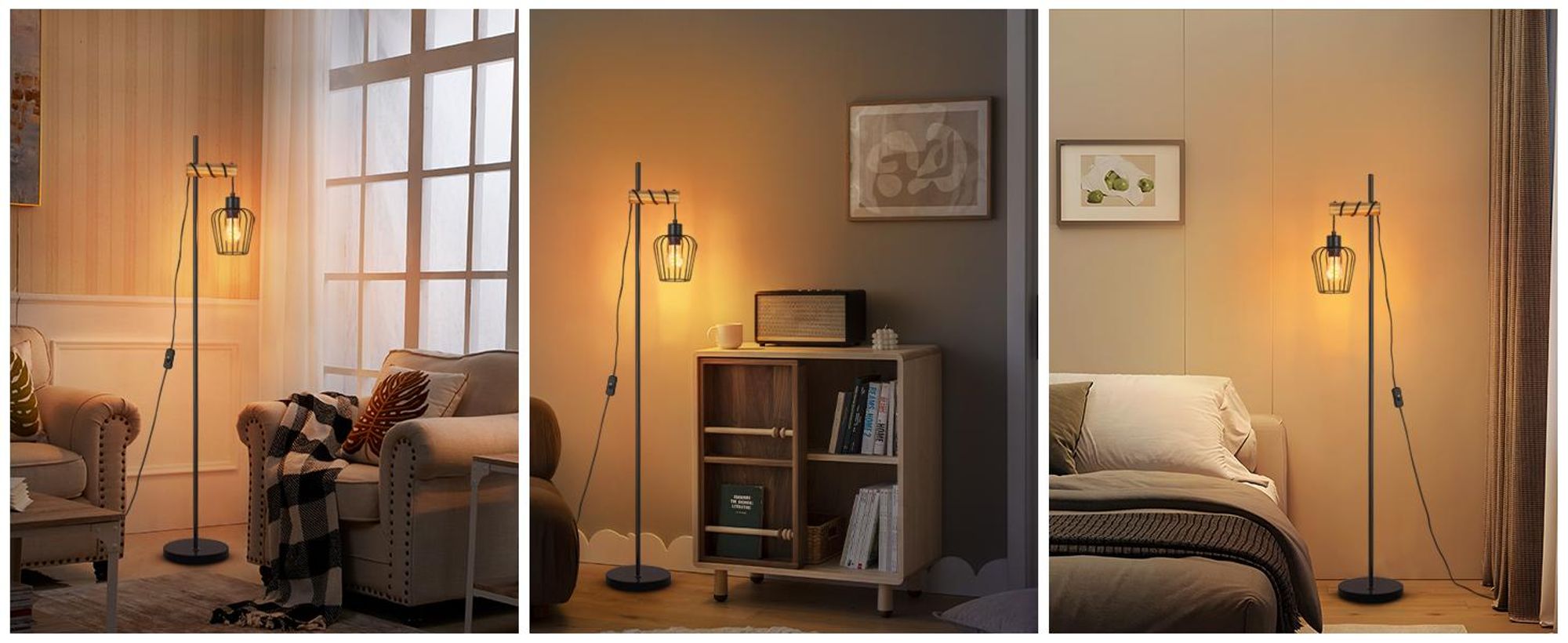 ZMH stojací lampa dřevo černá stojací lampa obývací pokoj vintage stojací lampa průmyslová kovová zásuvka E27 152cm retro stojací lampa