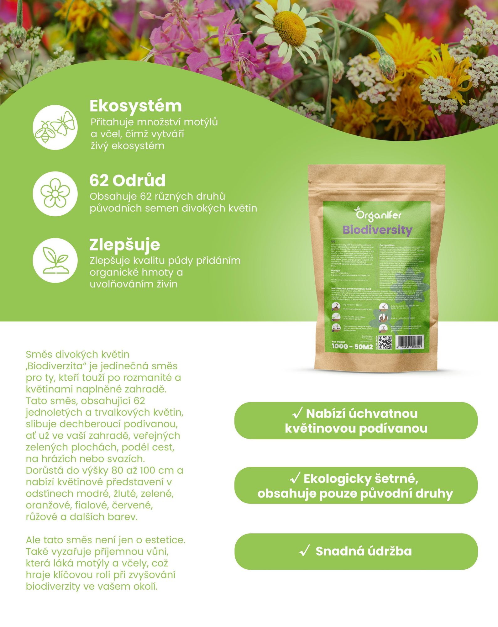 Směs divokých květin Biodiverzita 2 kg = 1000 m² – 1000 druhů osiva pro květinové louky, pastviny pro včely a hmyz, směs pro přírodní zahrady – Organifer