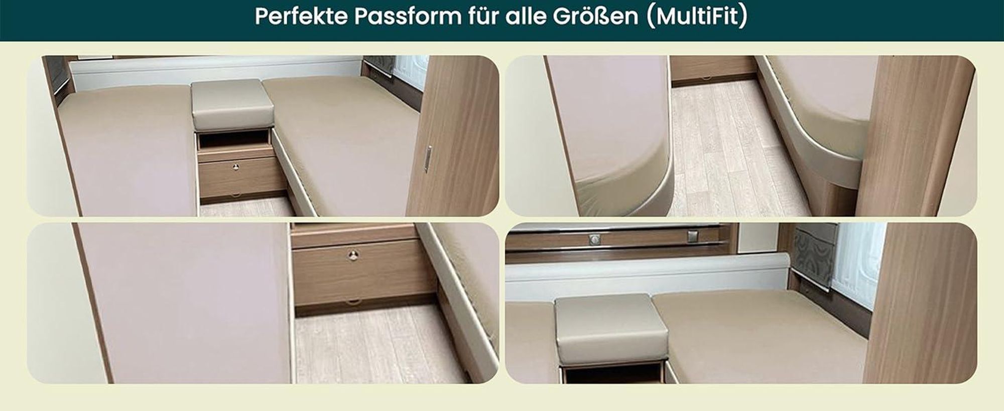 Praktische Fotos, die das Spannbettlaken auf einer Wohnmobilmatratze zeigen.