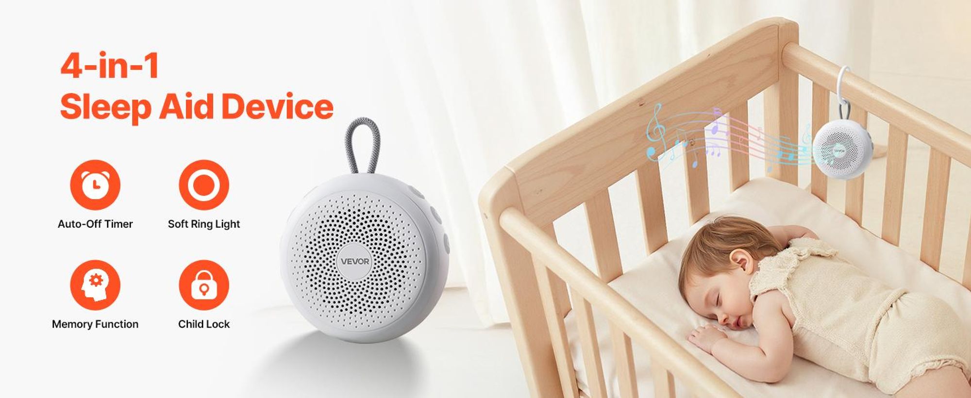 VEVOR Einschlafhilfe, White Noise Machine, 20 Musiktitel, 4-in-1-Soundmaschine mit weißem Rauschen, automatischem Abschalttimer, sanftem Ringlicht, Speicherfunktion & Kindersicherung, Rauschgerät