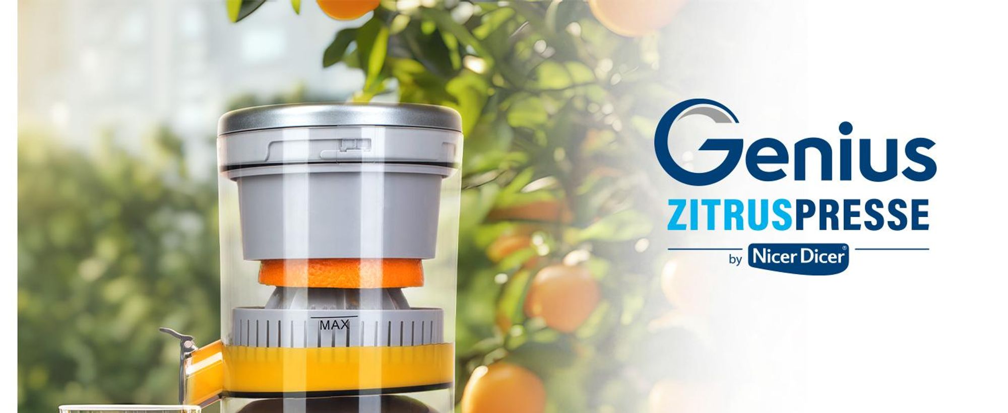 Genius Akku Zitruspresse by Nicer Dicer 6 tlg, elektrische Saftpresse, Orangenpresse Entsafter, Akkulaufzeit bis 25 Min, 45 W, Auffangbehälter 200 ML
