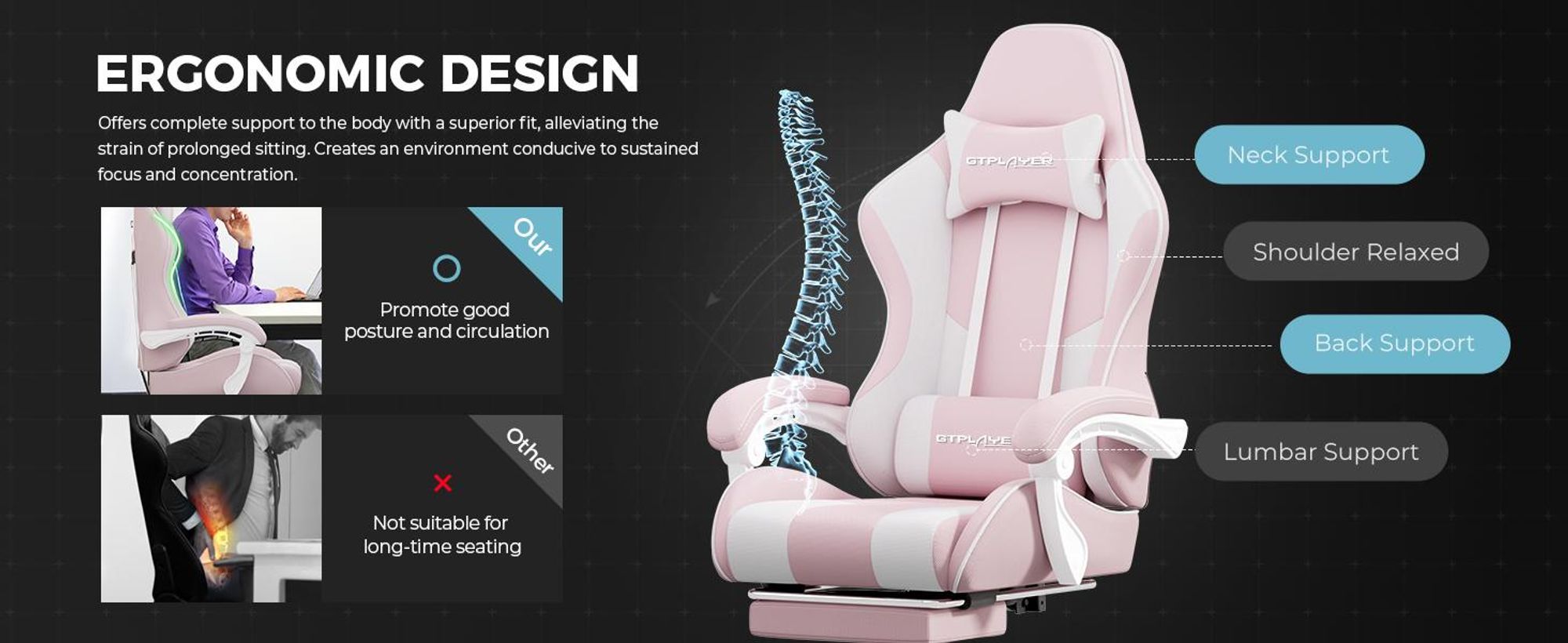GTPLAYER Kancelářská židle Herní židle Látkové herní křeslo Ergonomická herní židle s podnožkou, bederní opěrka hlavy, čalouněná herní židle, růžová