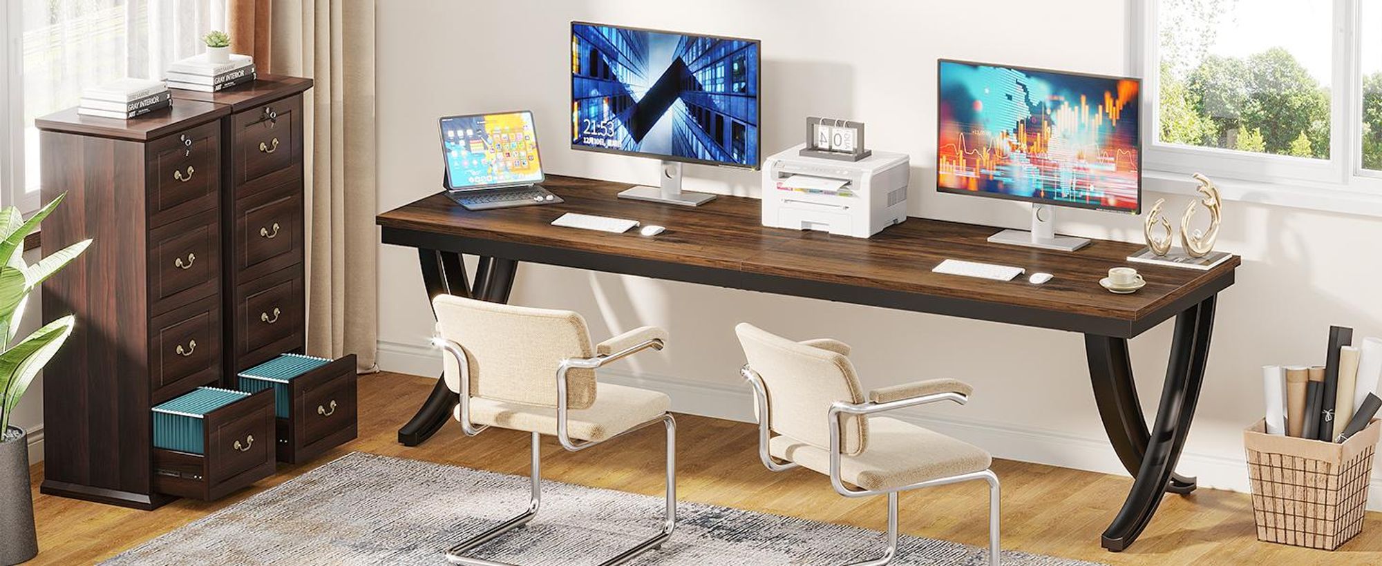Tribesigns Bureau informatique pour 2 personnes, bureau extra long de 200 cm avec pieds élégants, grand bureau double pour le bureau à domicile, marron