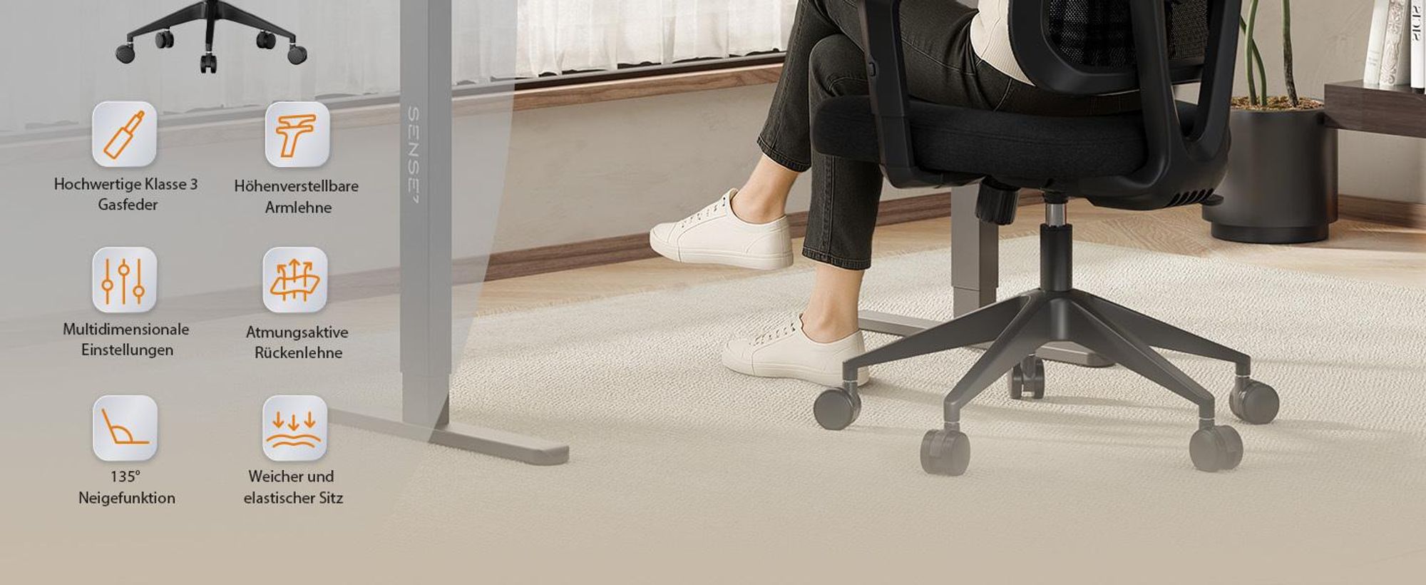 SENSE7 VENO Ergonomischer Bürostuhl - Schreibtischstuhl Schwarz Geteilte Rückenlehne Kopfstütze Netzrücken Gummirollen Homeoffice Chefsessel 120 kg