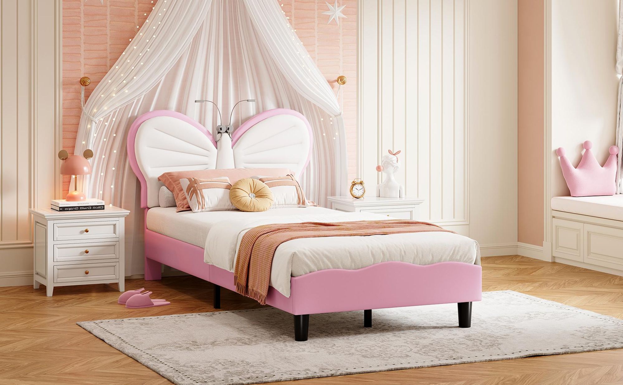 Kinderbett Polsterbett 90x200cm, Einzelbett Bettgestell mit LED-Leselampe, verstellbarem Kopfteil, Jugendbett für Jungen & Mädchen, Samt, ohne Matratze, Rosa