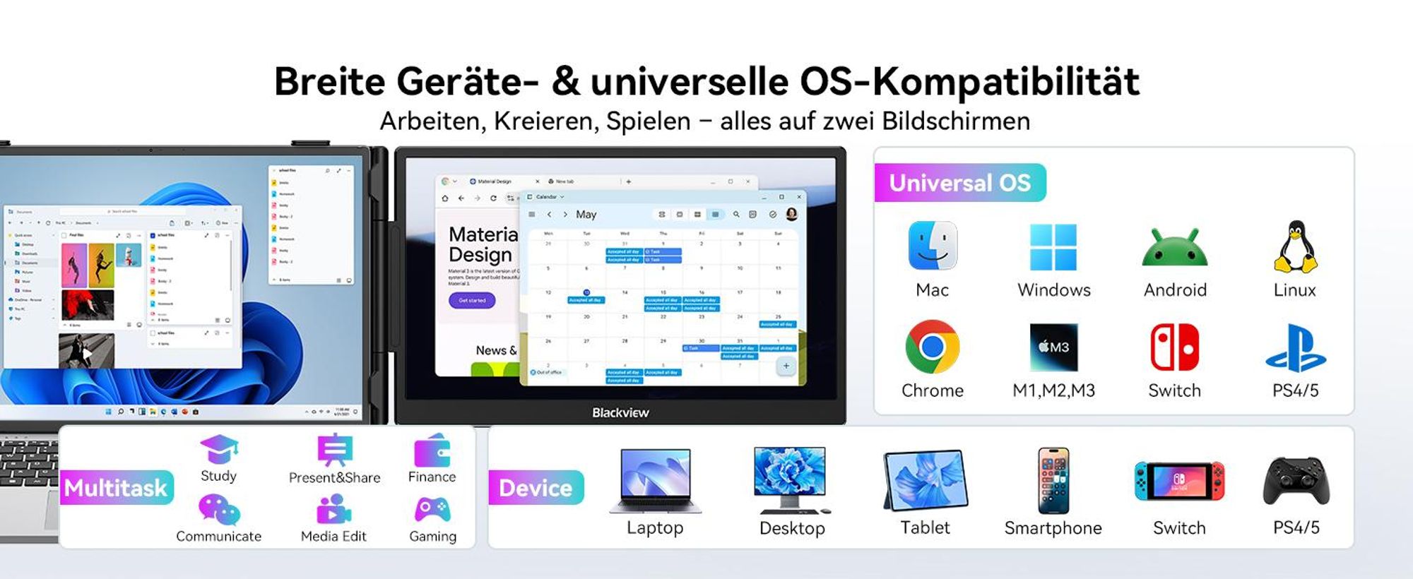 Blackview SCM5 Monitor, 14" FHD IPS 1080P Display, 995g, USB-C 100W PD, 0-180° Neigung, Ständer, SÜD, Polyamid-Oberfläche, für 13"-17.3" Laptops