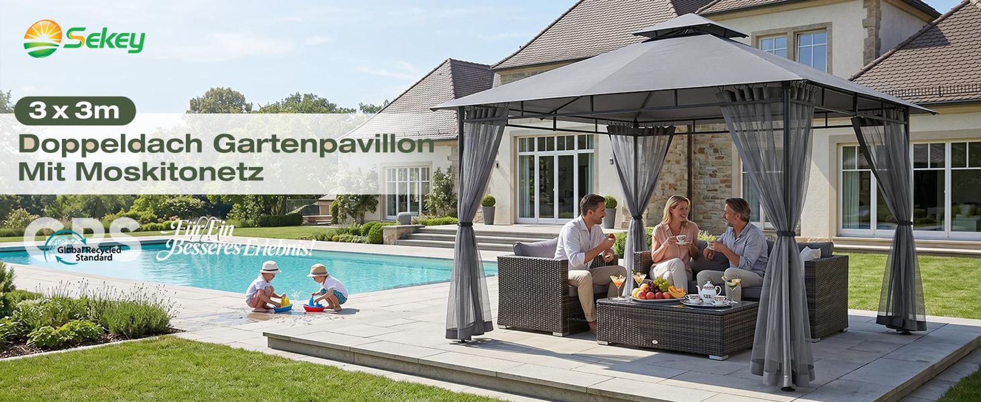 Sekey Pavillon 3×3 m Gartenpavillon Wasserdicht Doppeldach Gartenzelt mit Moskitonetz UV50+ Partyzelt Festzelt