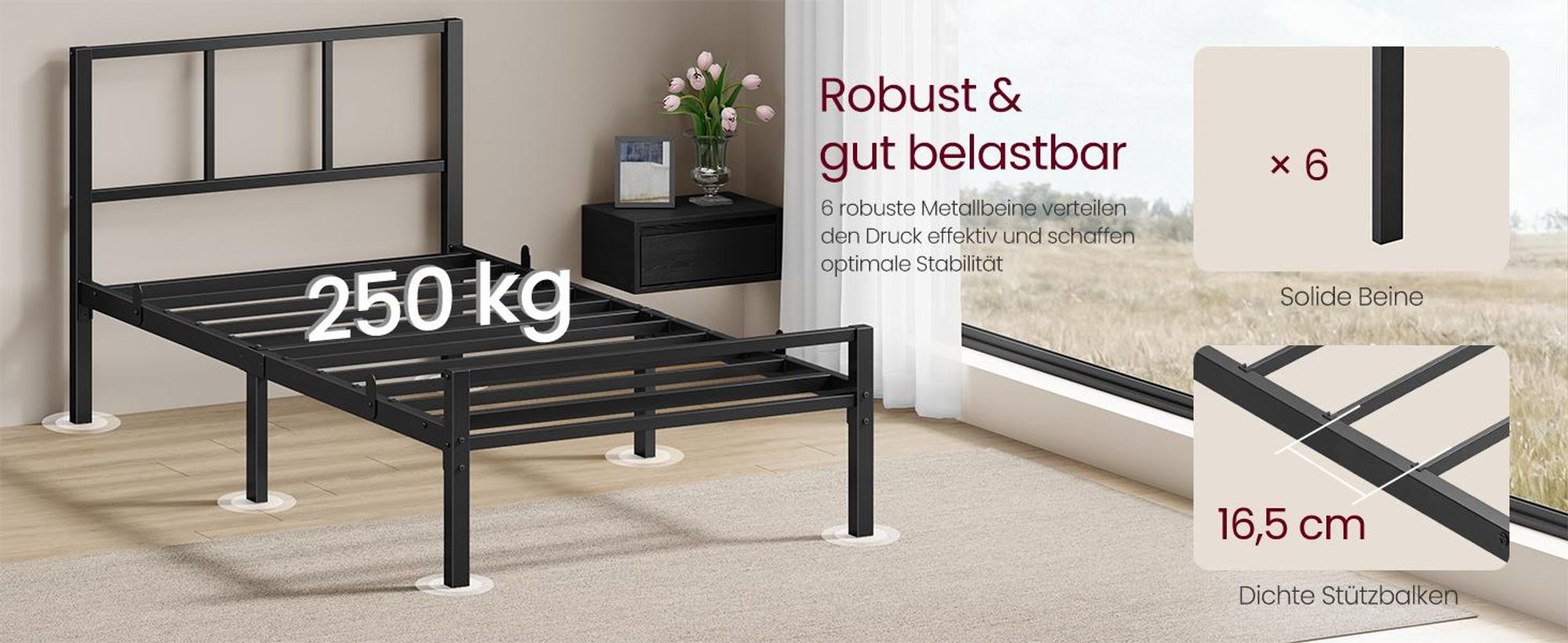 VASAGLE Metallbett 90 x 200 cm, stabiler Bettrahmen mit Kopfteil und Lattenrost, Bettgestell, einfache Montage, schwarz