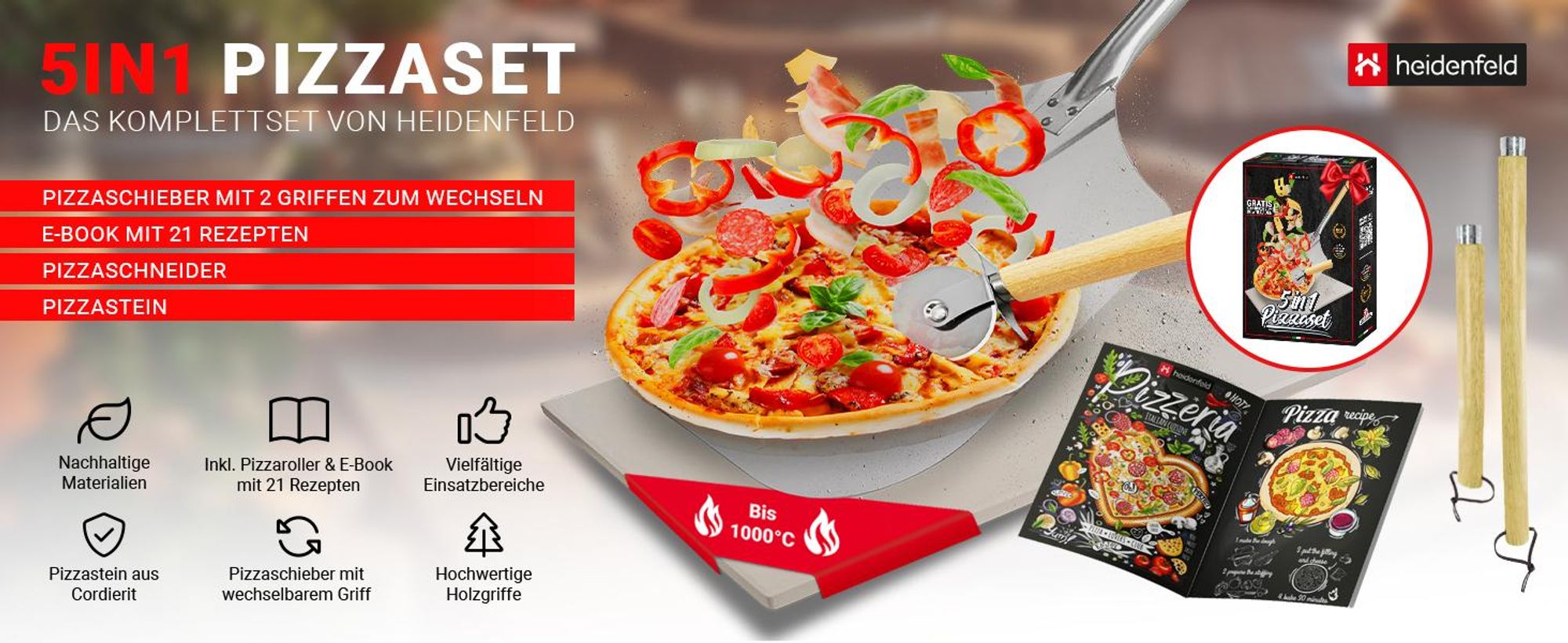 Heidenfeld 5in1 Pizza-Set | Pizzastein für Backofen, Gasgrill, Holzkohlegrill - 2in1 Pizzaschieber - Pizzaschneider - Holzgriffe - Pizza-Zubehör