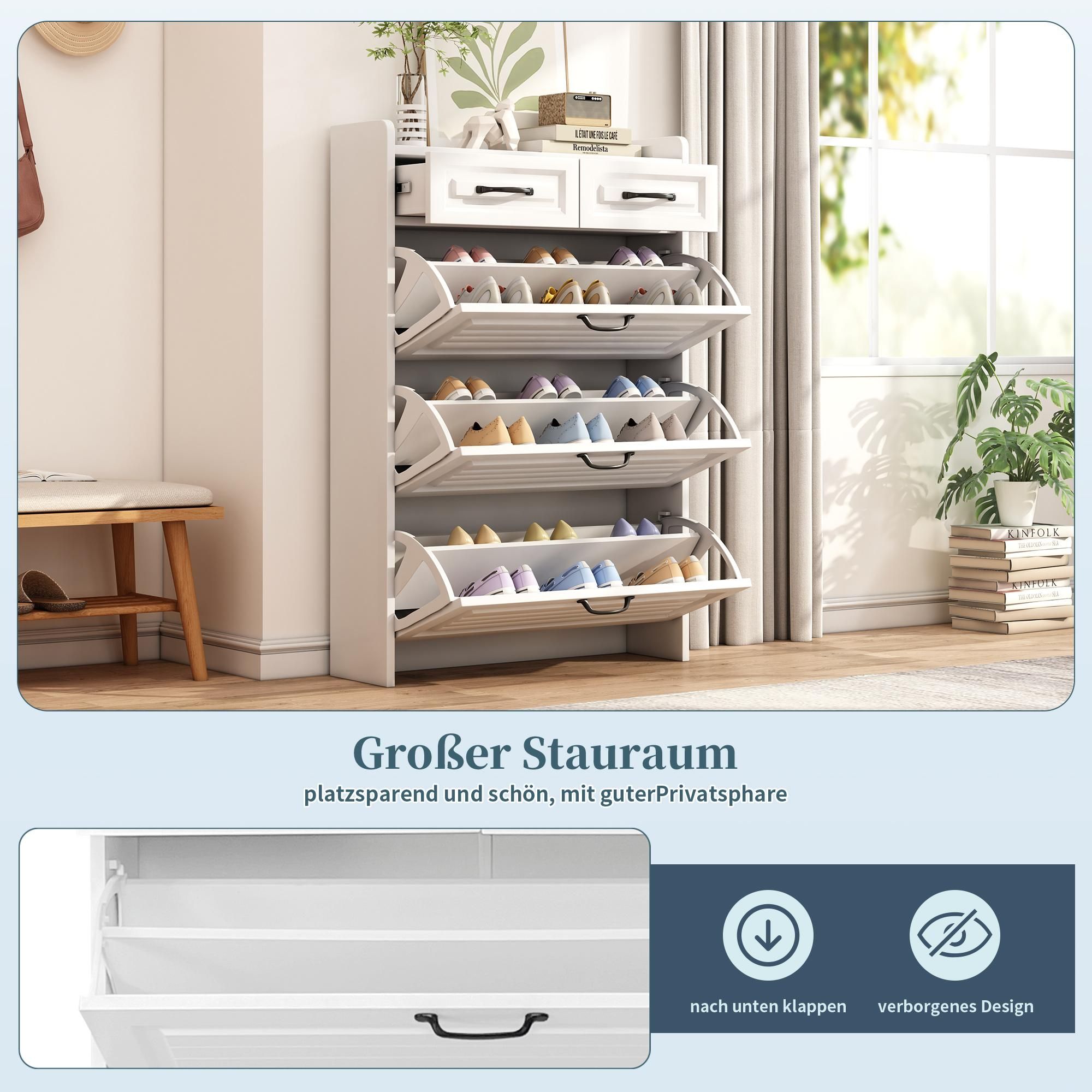 Merax Schuhschrank mit 3 Klappen, 2 Schubladen, Schuhkipper Schuhkommode mit schubladen, Schuhschrank, Schuhablage, Schuhregal, 80×23.5×131 cm, Weiß