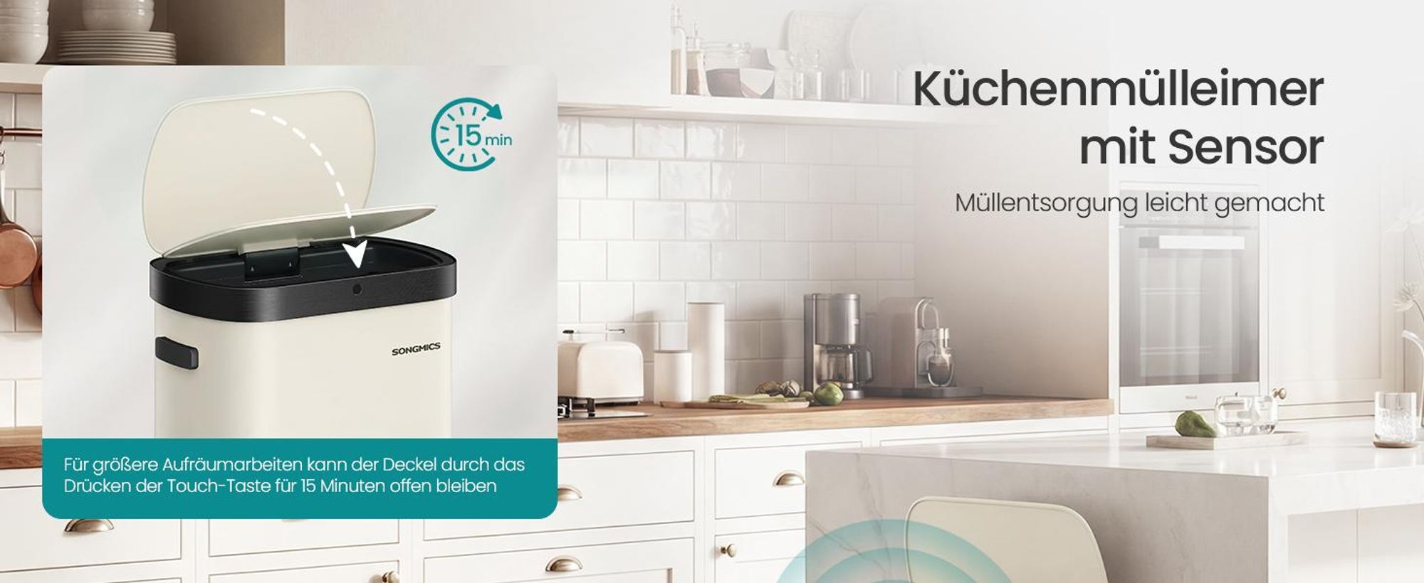 Mülleimer mit Sensor, automatischer Abfalleimer 50 L, Softclose-Deckel, Stahl, creme