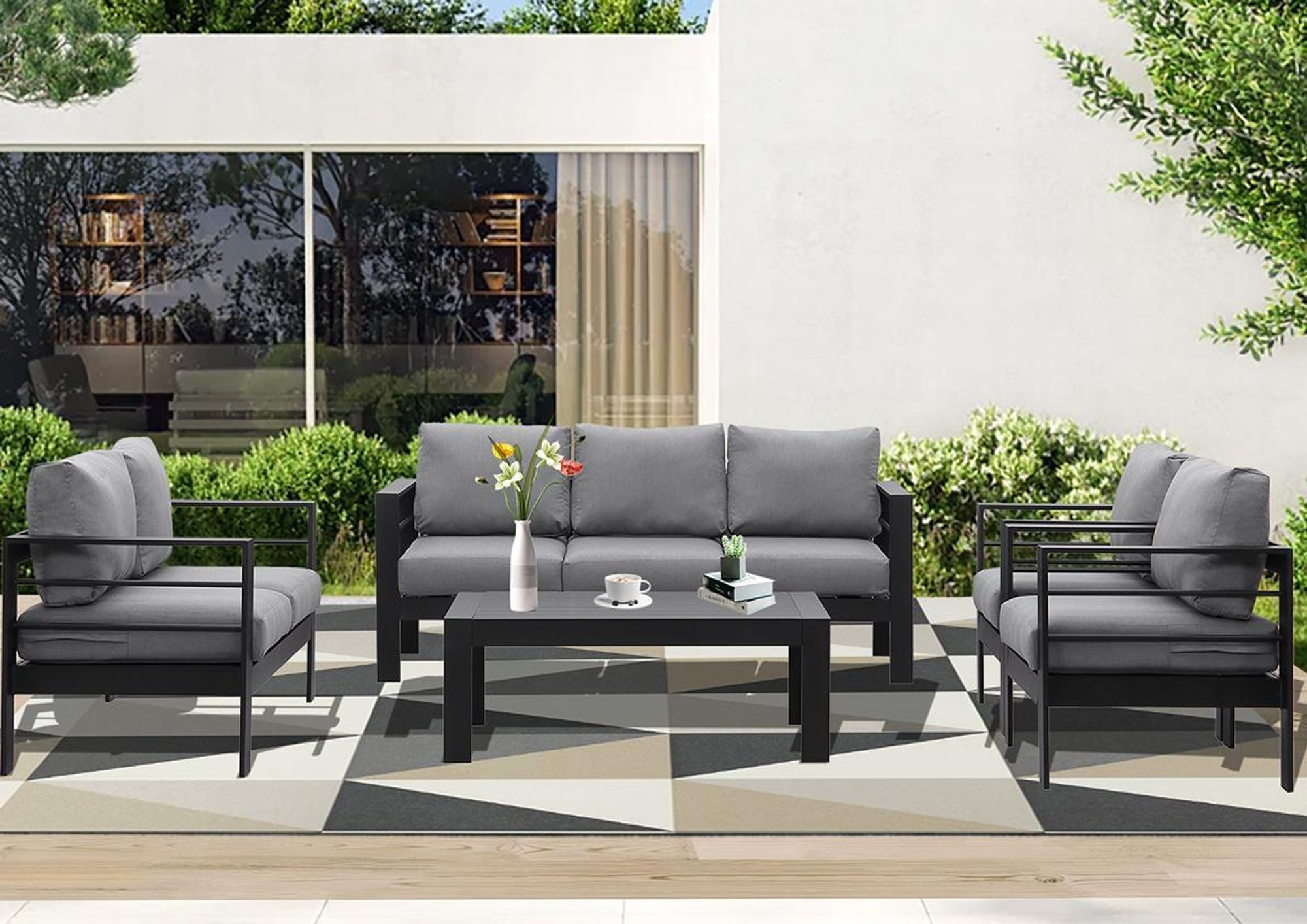 MeXo Gartenmöbelset, Loungeset Aluminium für 6-7 Personen mit Kissen & Couchtisch Indoor Outdoor Balkon Garten Terrasse (Sitzgruppe, Aluminiumrahmen)