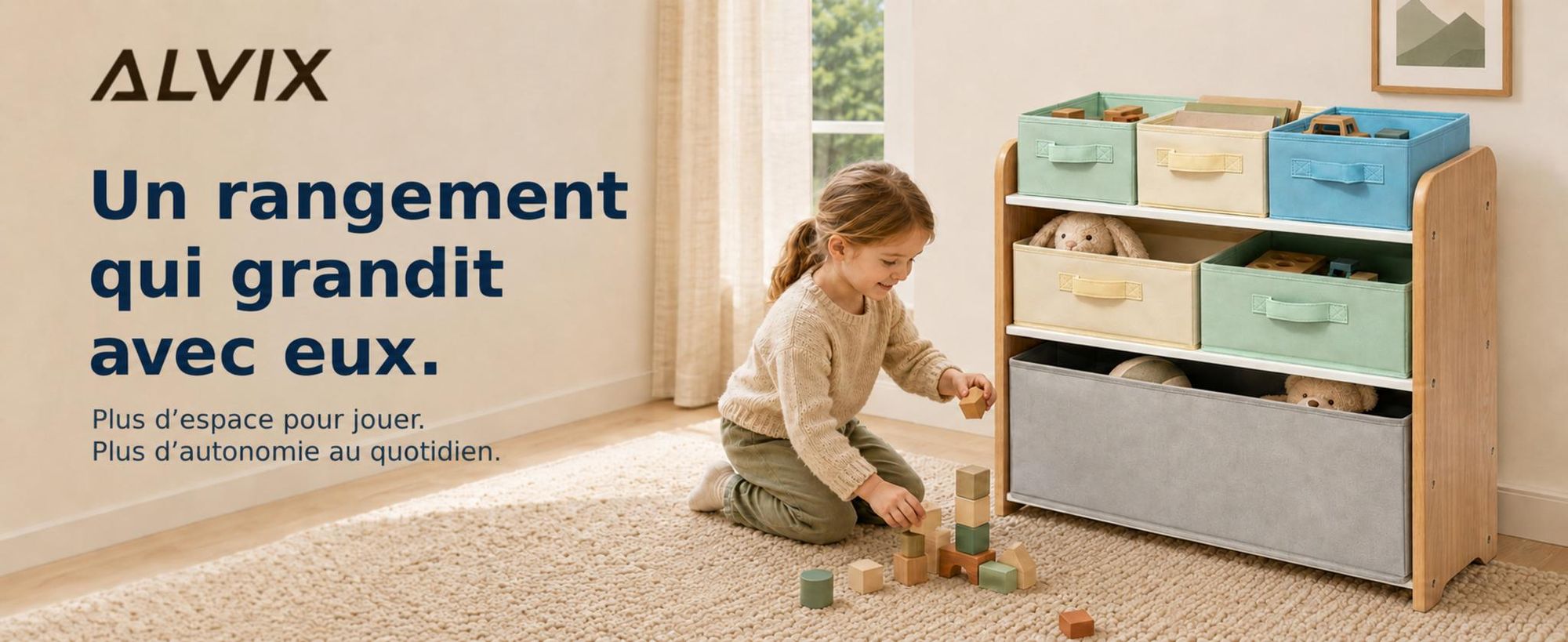 ALVIX Étagère de rangement pour jouets NESTA 6, avec 6 boîtes de rangement amovibles, étagère pour enfants, rangement pour jouets en MDF, étagère de rangement pour chambre d'enfant