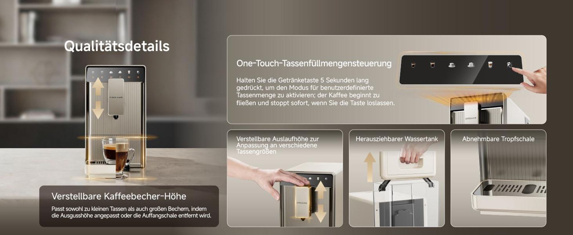 Dreame Ecceluxe Slim FCM30 Espressomaschine,kompakte Größe,erstklassiger Geschmack,Komplettreinigung,Ein-Knopf-Touchscreen,fünf Kaffeespezialitäten