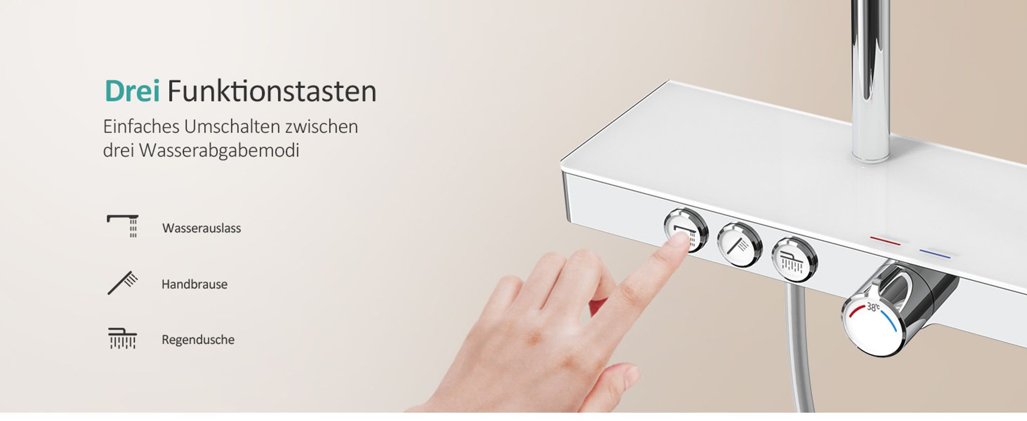 EMKE Duschsystem mit Thermostat 1146x450x480mm Glasablage Handbrause mit 3 Strahlarten Regendusche, Bad- & Duscharmaturen, KTW-, Chrom F10