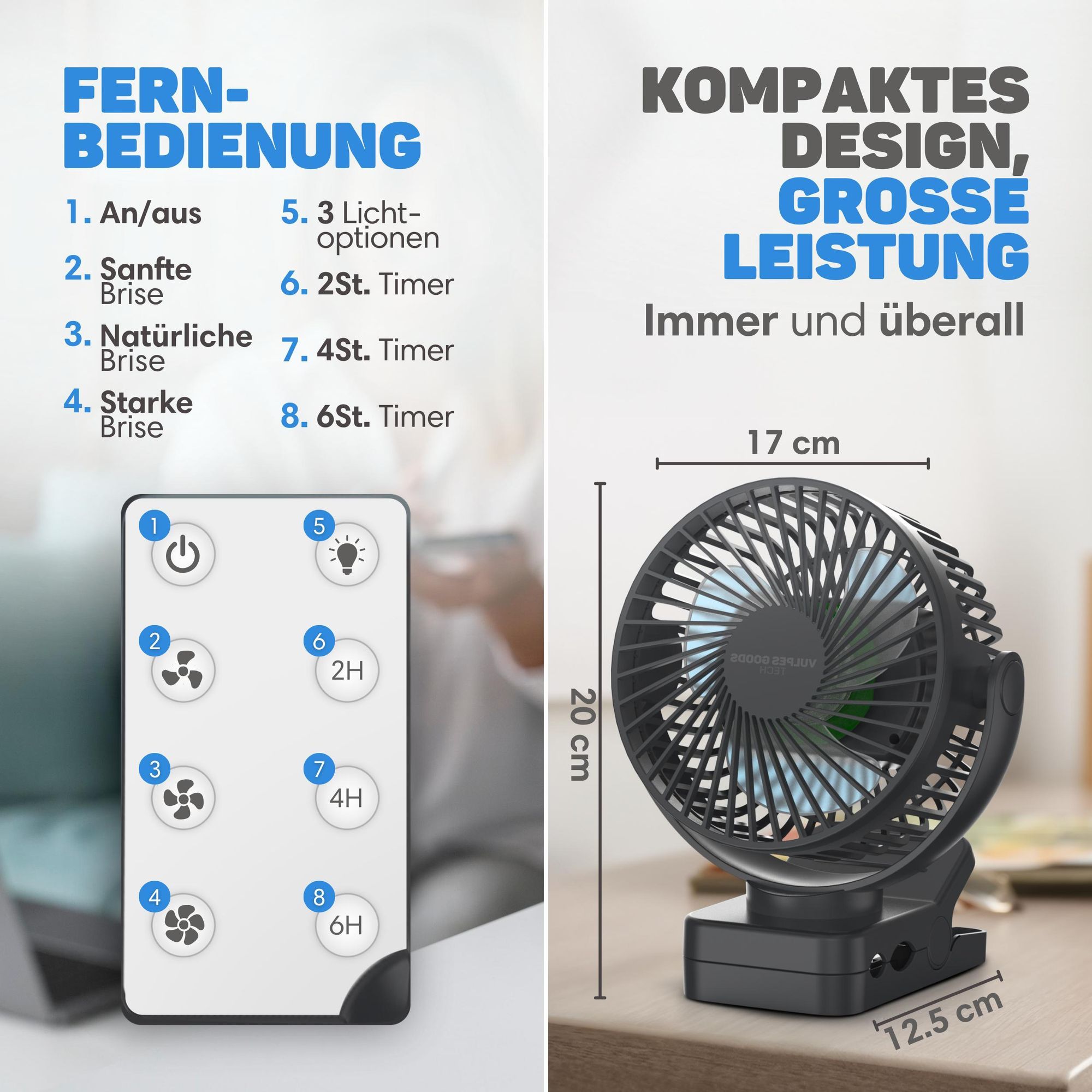 Vulpes Goods Mini Ventilator, Tischventilator, Handventilator, Wiederaufladbar, 3 Geschwindigkeiten, Verlichting, Powerbank-Funktion, 12000 mAh