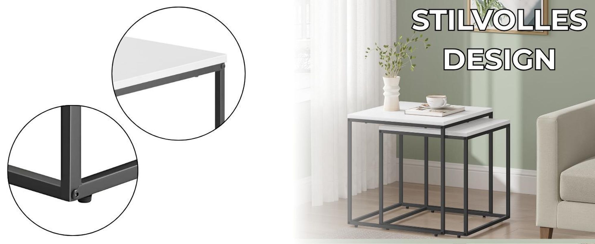 FORTENA Couchtisch 2er Set Quadratisch Weiß Schwarz – Modern Wohnzimmertisch Beistelltisch