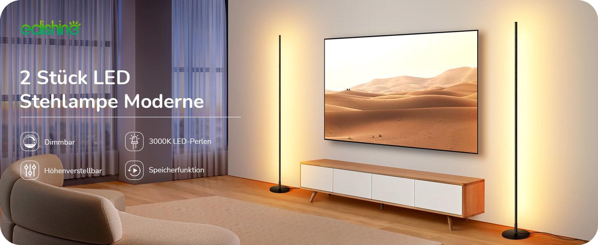 EDISHINE LED Stehlampe Wohnzimmer Dimmbar 2er Set, Stehleuchte höhenverstellbar, Schwarz