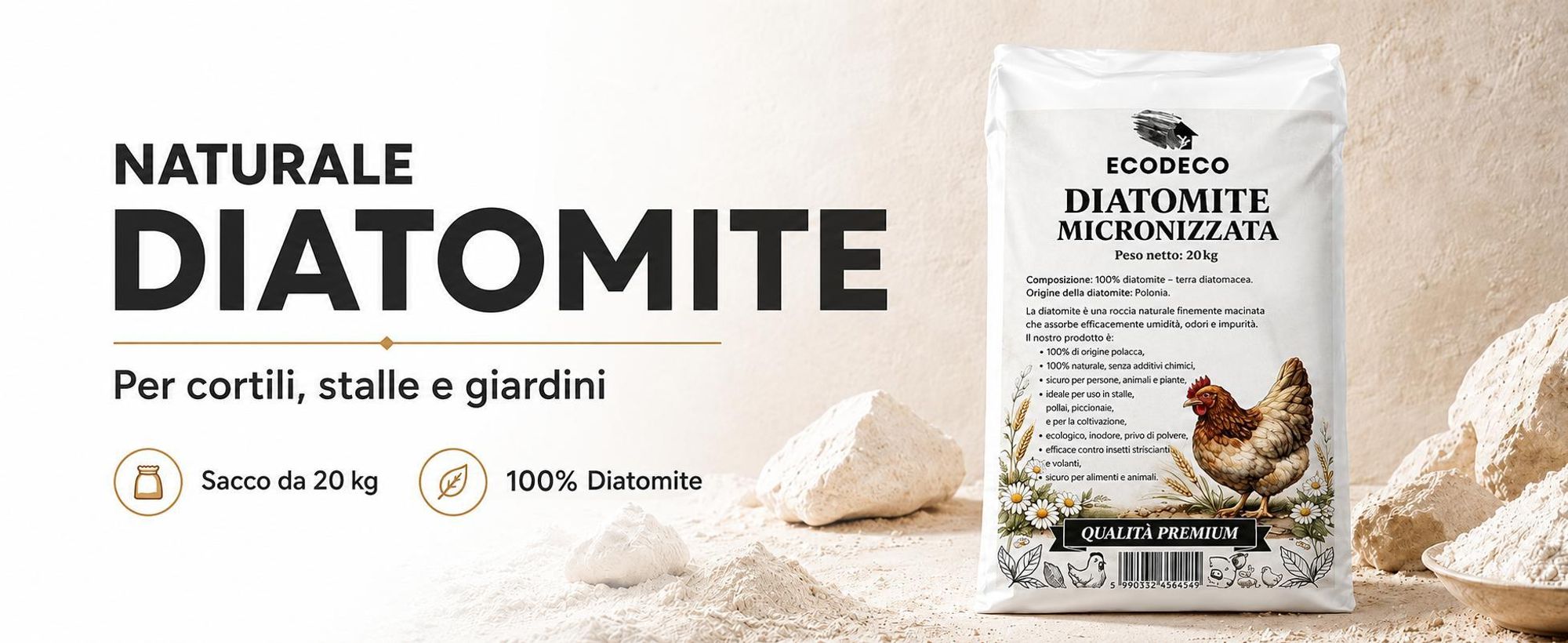 Ecodeco: Terriccio di diatomee da 20 kg, ideale per pollaio, lettiera e allevamento di animali – assorbente minerale, inodore