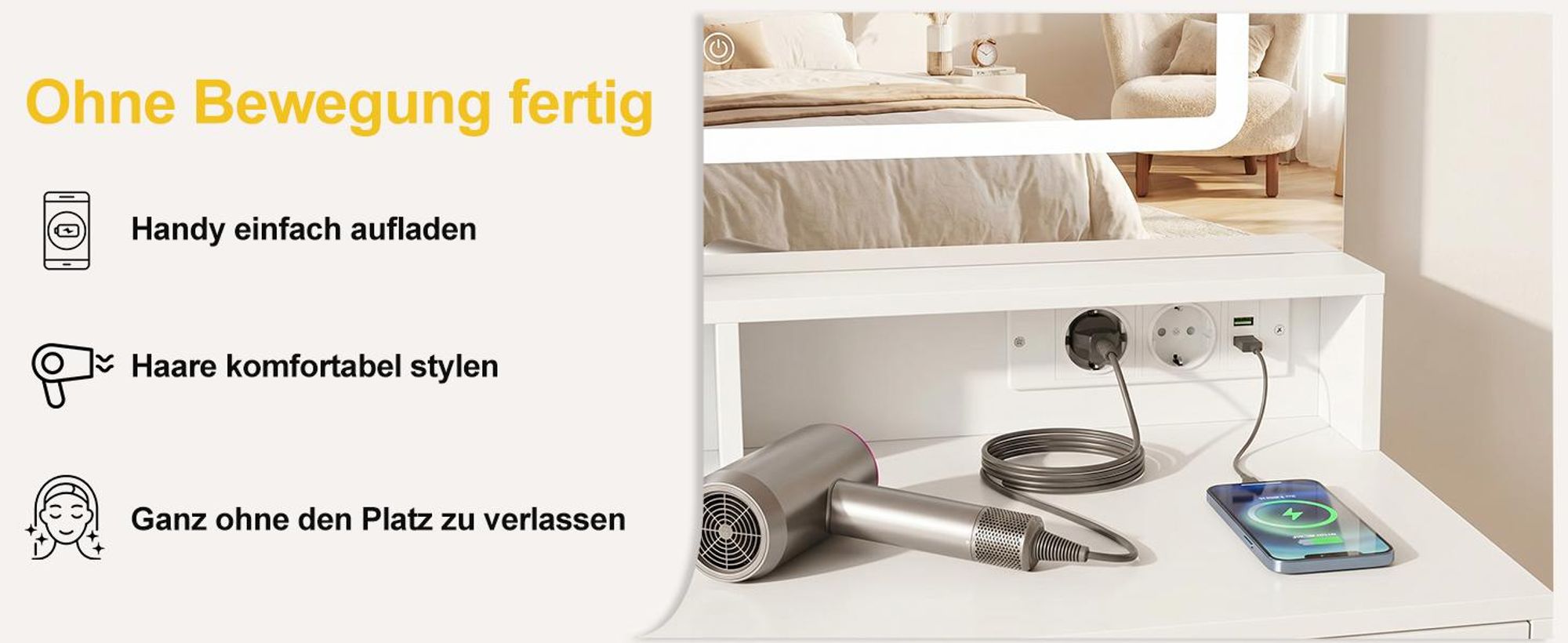 Schminktisch mit LED Beleuchtung und Hocker mit Steckdose modern weiß mit LED Spiegel 3 Lichtfarben dimmbar 2 Schubladen Metallrahmen 80 x 40 x 140 cm