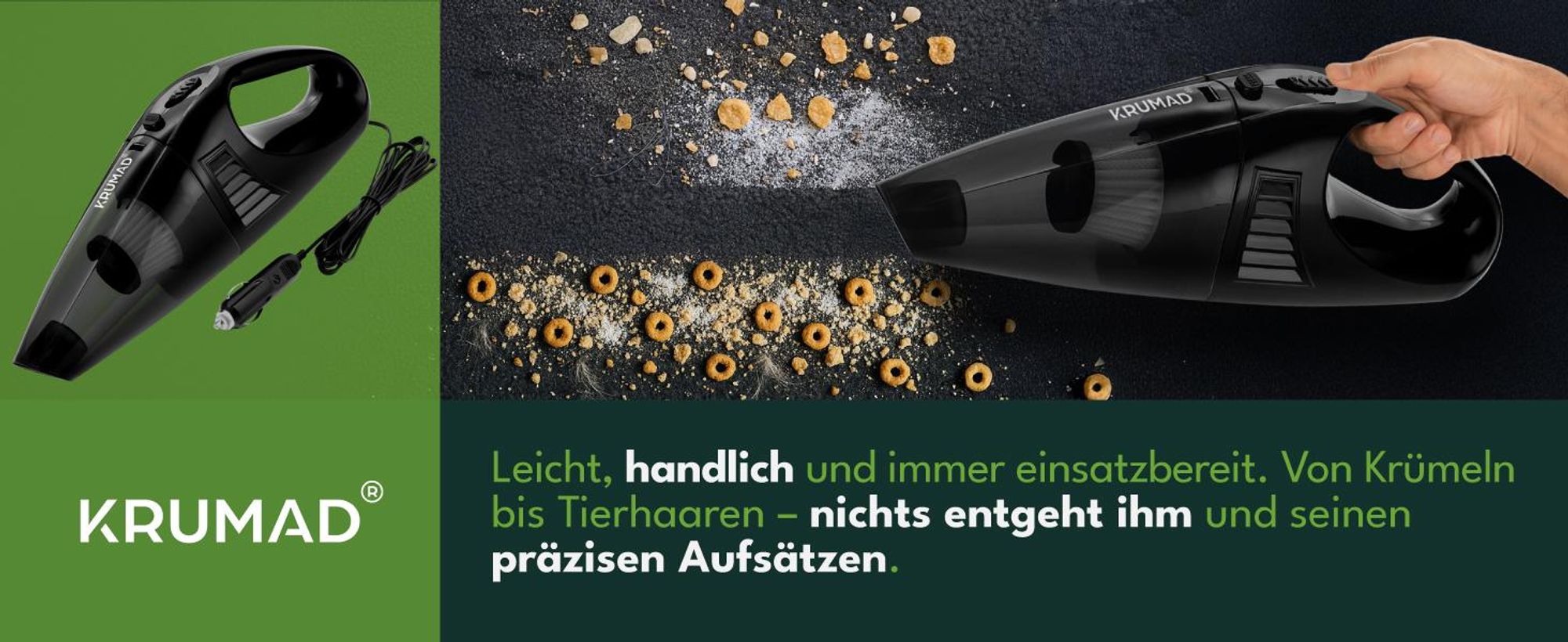 KRUMAD Auto Staubsauger 12V 120W – Beutelloser Handstaubsauger mit 5m Kabel & Zigarettenanzünder – Mini Staubsauger fürs Auto