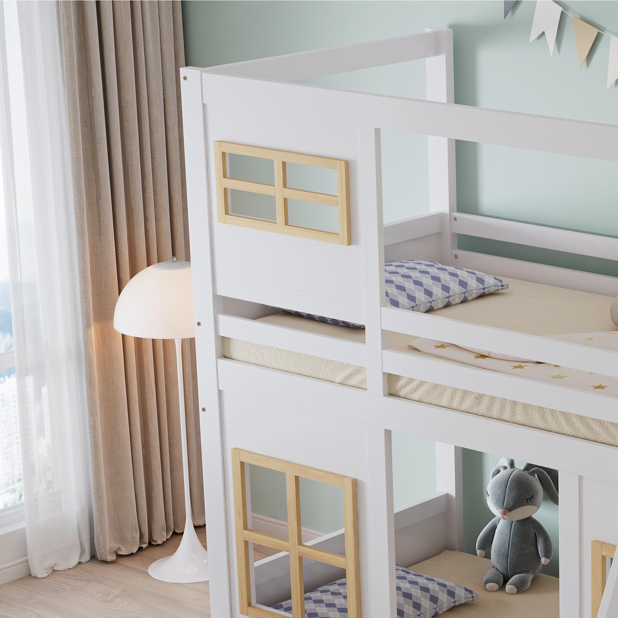 Flieks Etagenbett 90x200cm mit Rausfallschutz, Kinderbett Hausbett mit Fenster, Hochbett Einzelbett mit Leiter, Stockbett Spielbett, Weiß