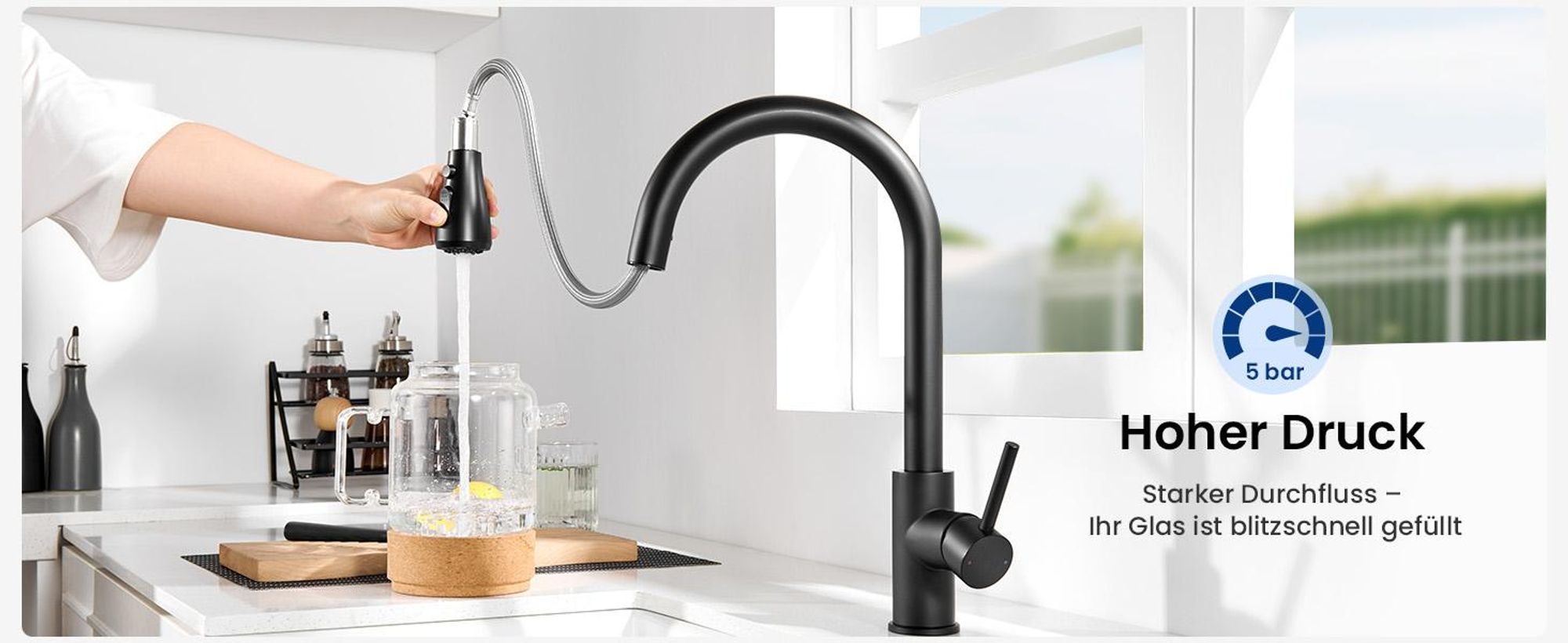 AjieQaQ Wasserhahn Küche ausziehbar, Schwarz, 304 Edelstahl, 2 Strahlarten, 360° schwenkbar, Hochdruck, mit Brause